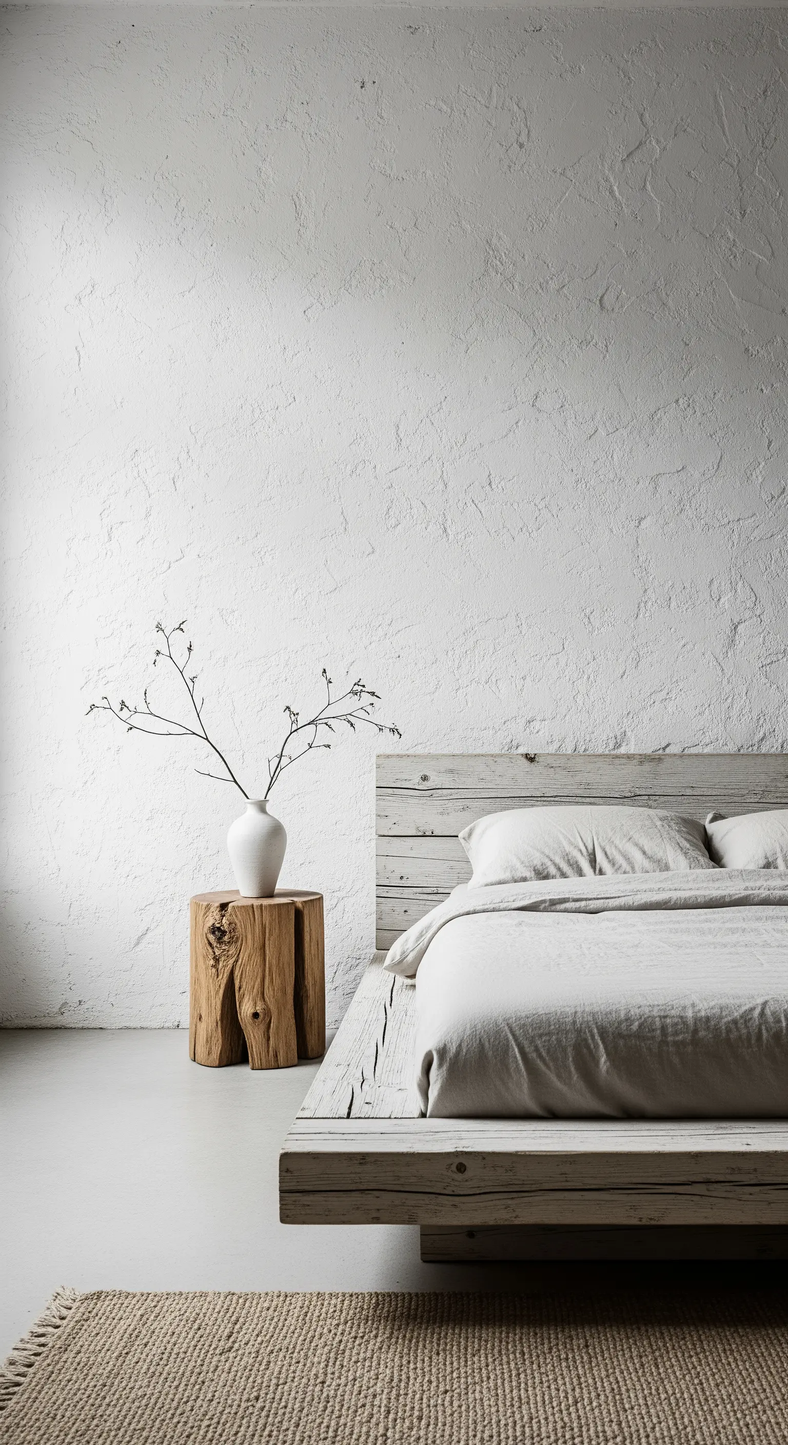 Parete bianca testurizzata dietro un letto in legno grezzo sbiancato.