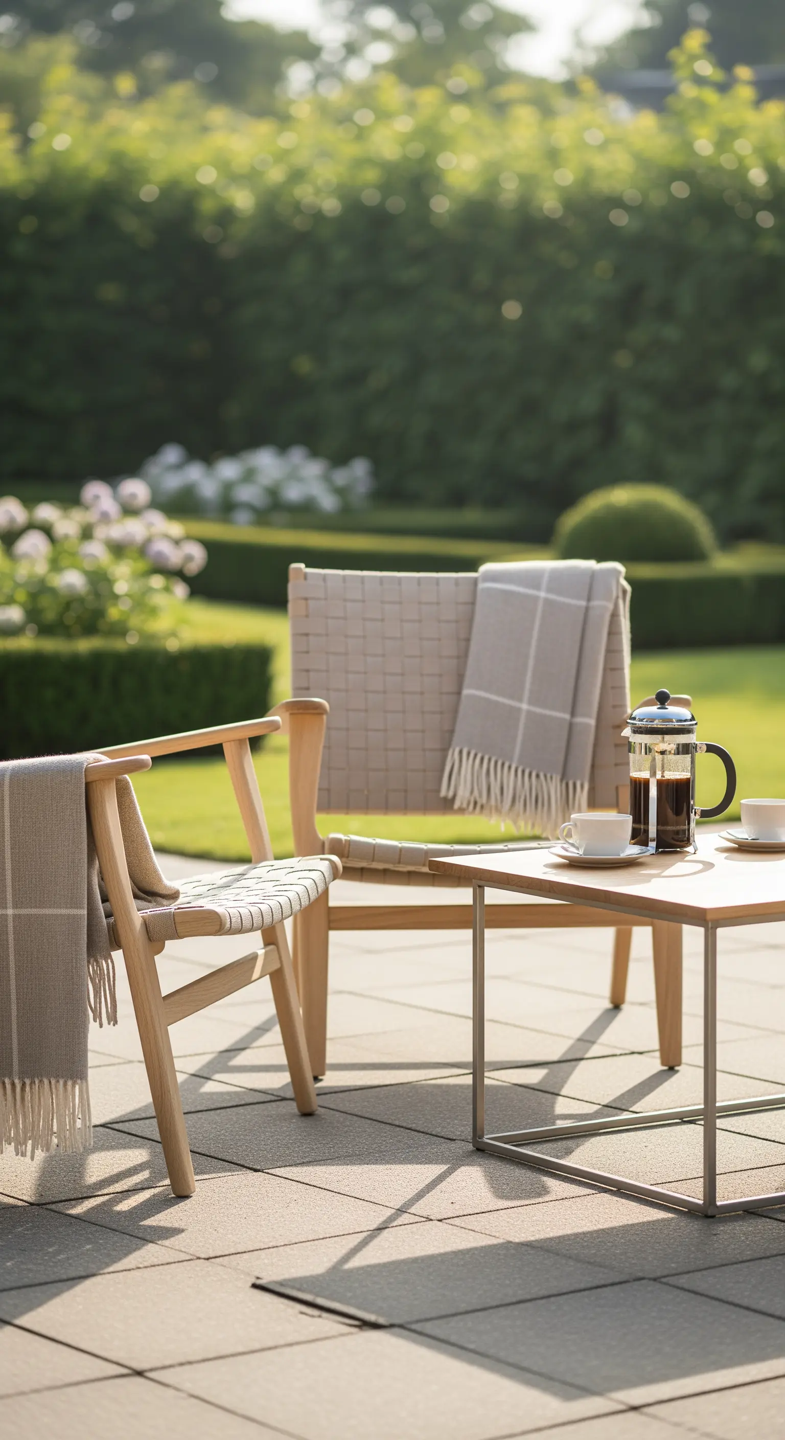 Due sedie in legno con seduta intrecciata e plaid in un giardino alla luce del tardo pomeriggio.