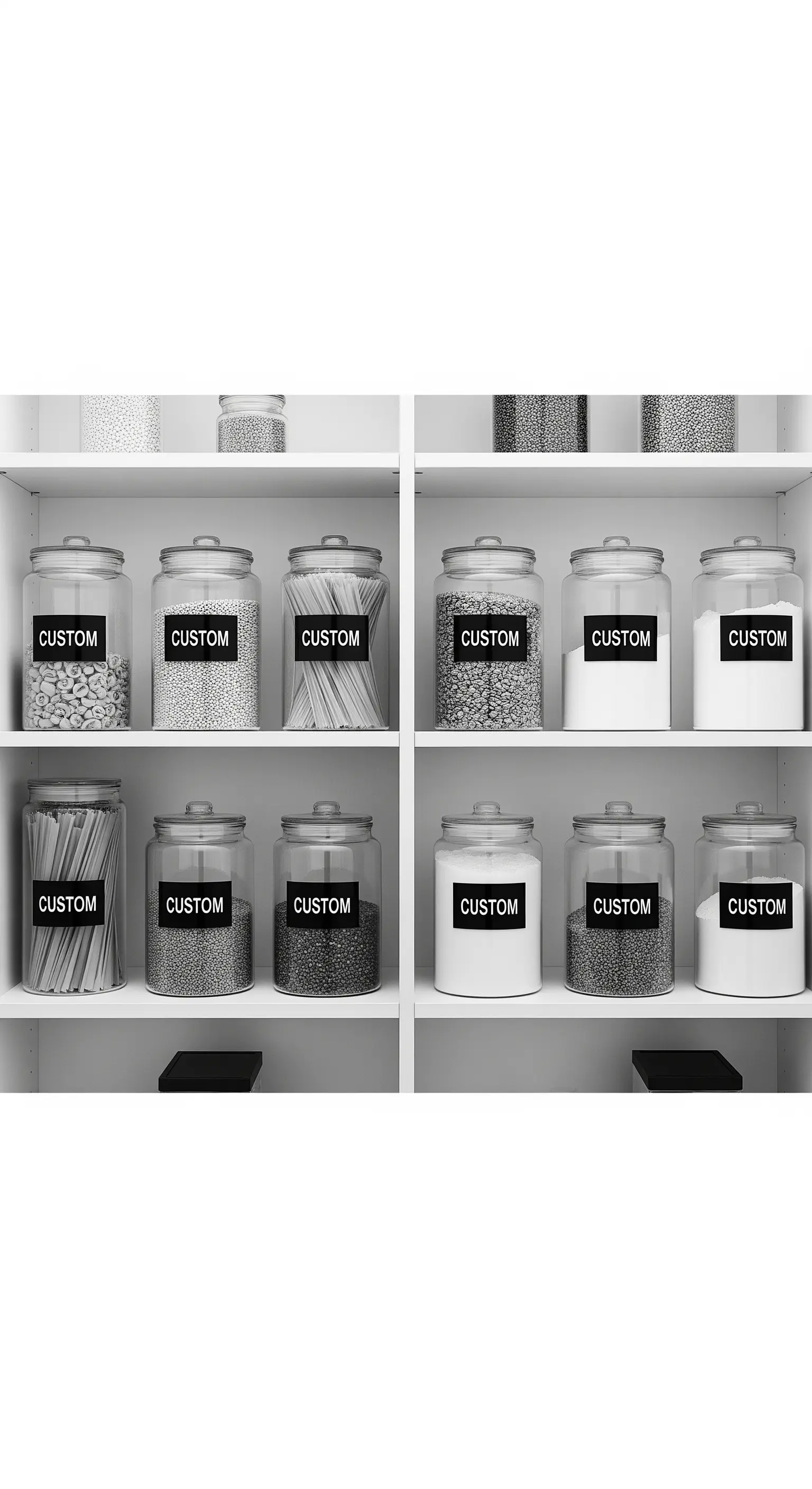 Dispensa minimalista con barattoli di vetro uguali ed etichette nere personalizzate.