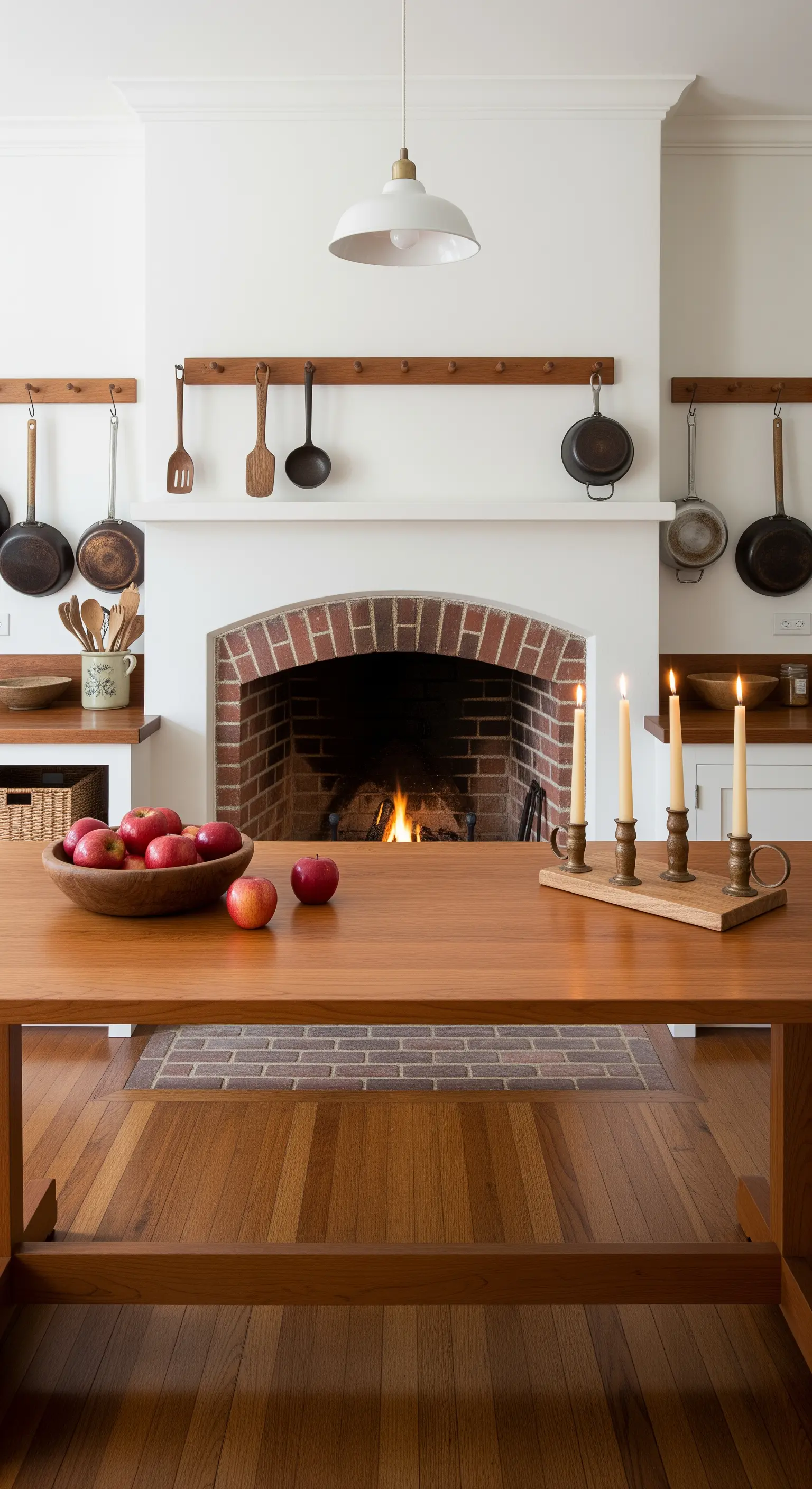 Cucina in stile Shaker con camino in mattoni e utensili da cucina appesi a barre di legno.