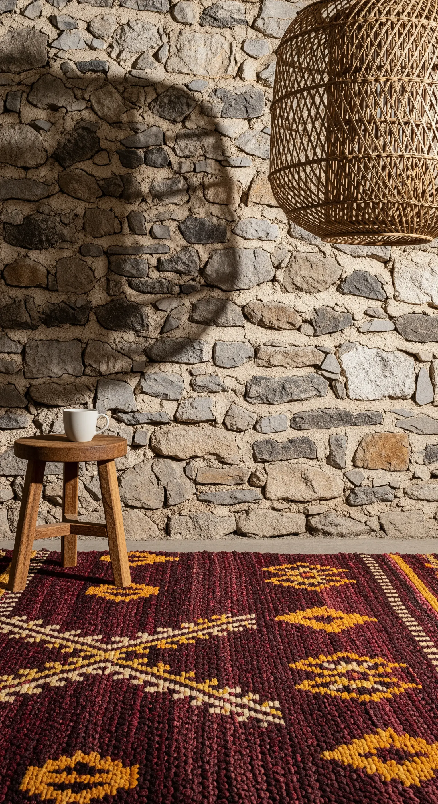 Dettaglio di un angolo con parete in pietra, tappeto kilim bordeaux e sgabello in legno.