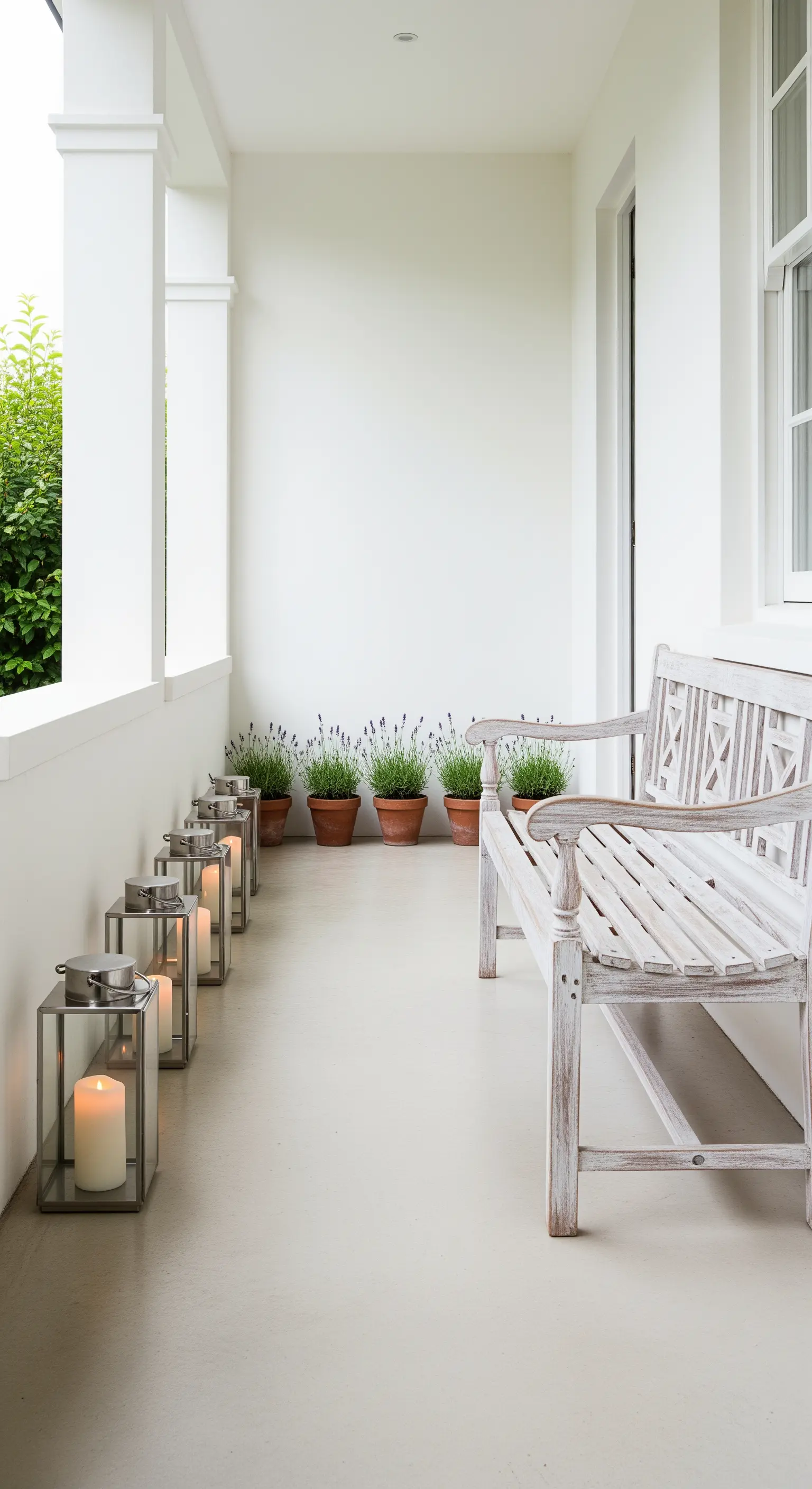 Portico minimalista bianco con panca decapé e una fila di lanterne a terra con candele.