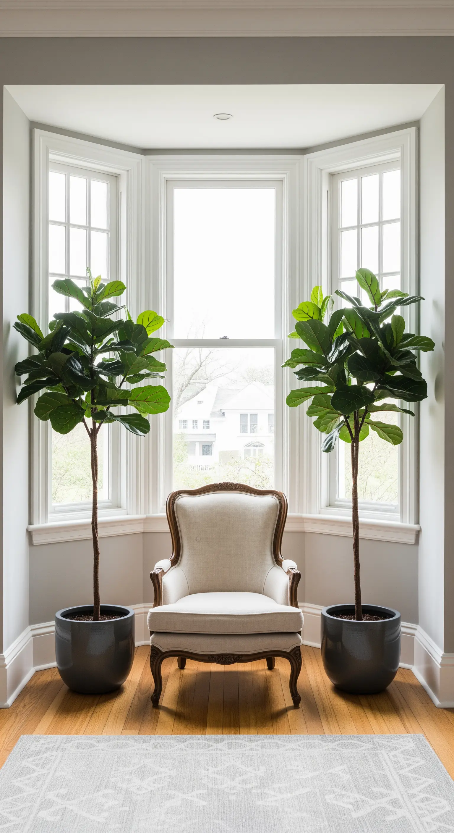 Poltrona classica posizionata tra due Ficus lyrata identici davanti a una finestra a golfo.