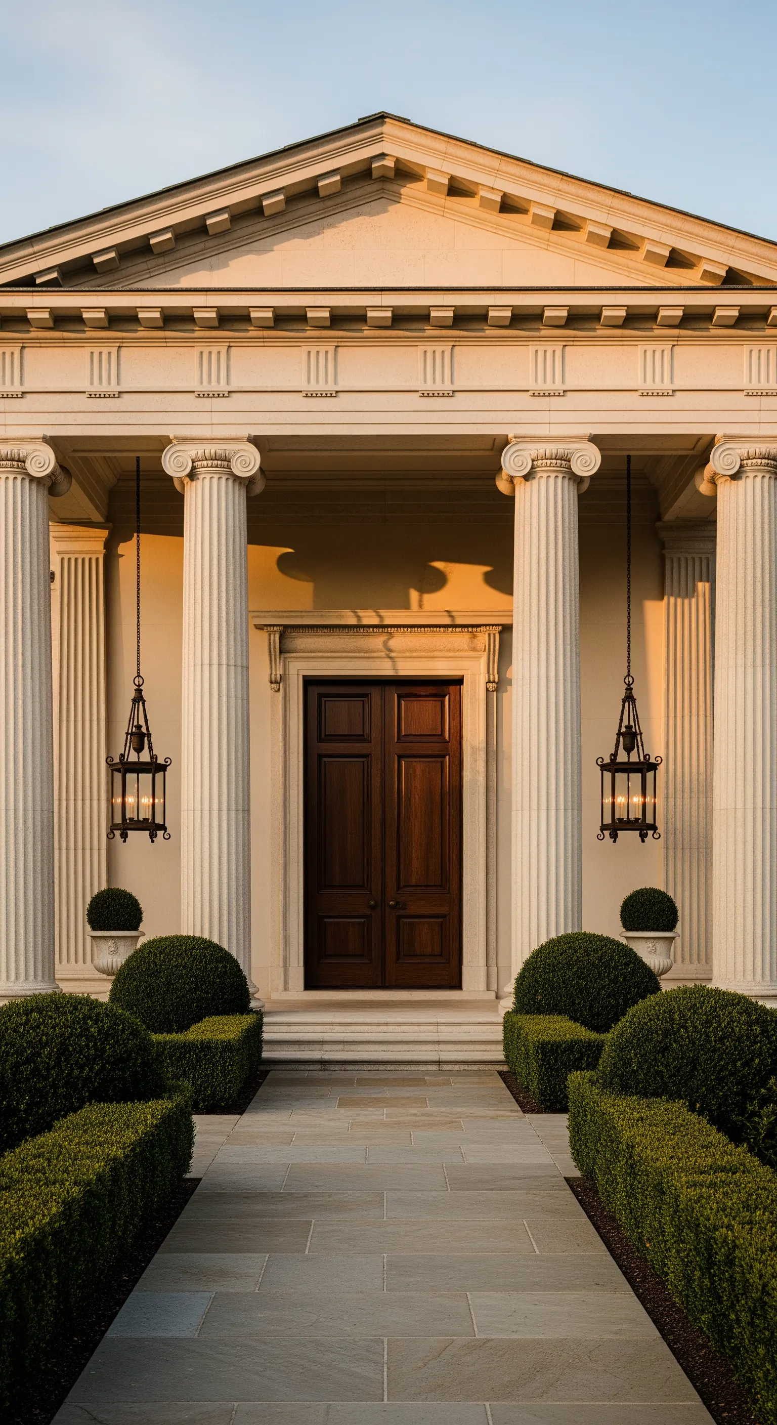 Ingresso neoclassico con colonne doriche, porta in legno scuro e lanterne sospese in ferro battuto