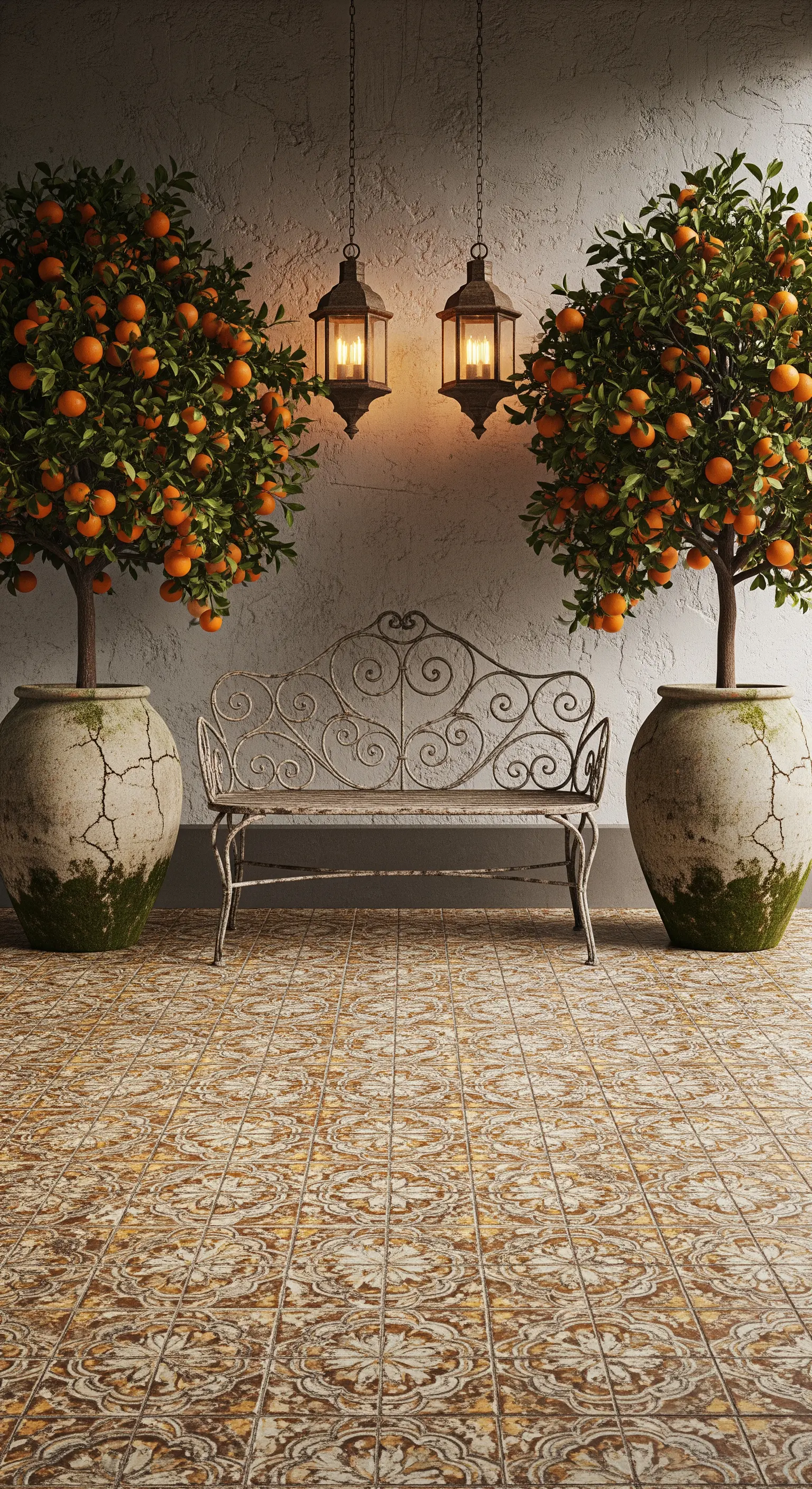 Panca in ferro battuto tra due grandi vasi di agrumi, sotto due lanterne appese a una parete.