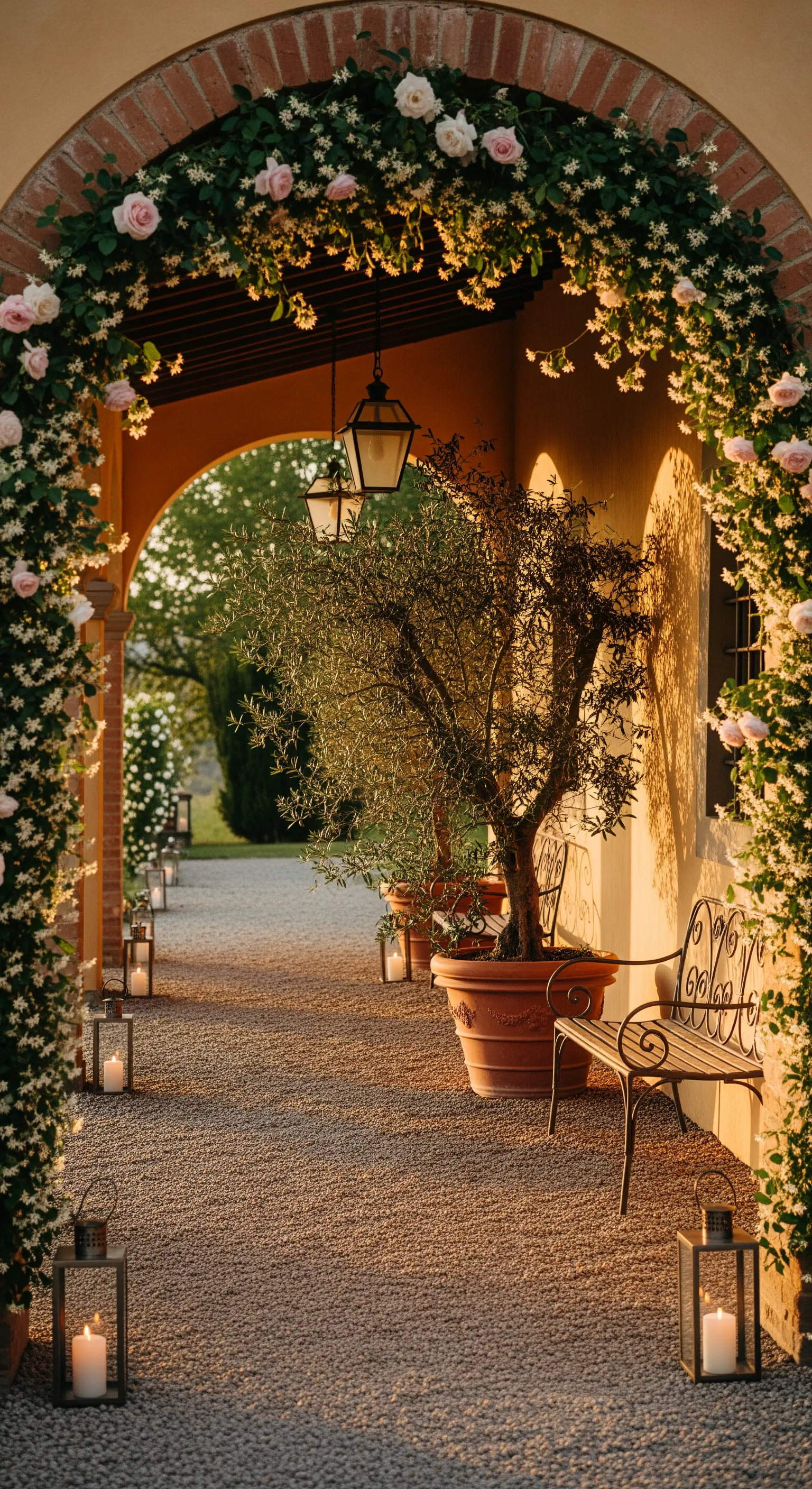 Portico in stile mediterraneo con arco fiorito, ulivo in vaso e lanterne con candele.