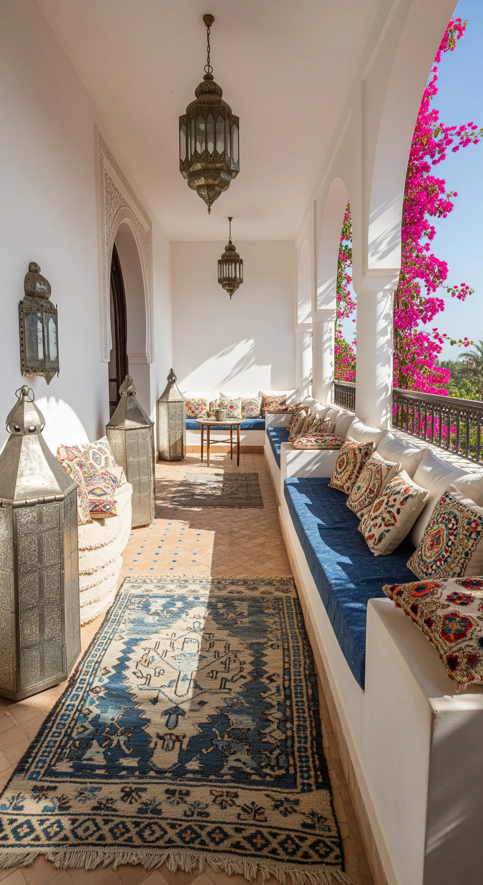Portico mediterraneo con panche in muratura, cuscini blu, tappeti kilim e lanterne marocchine.