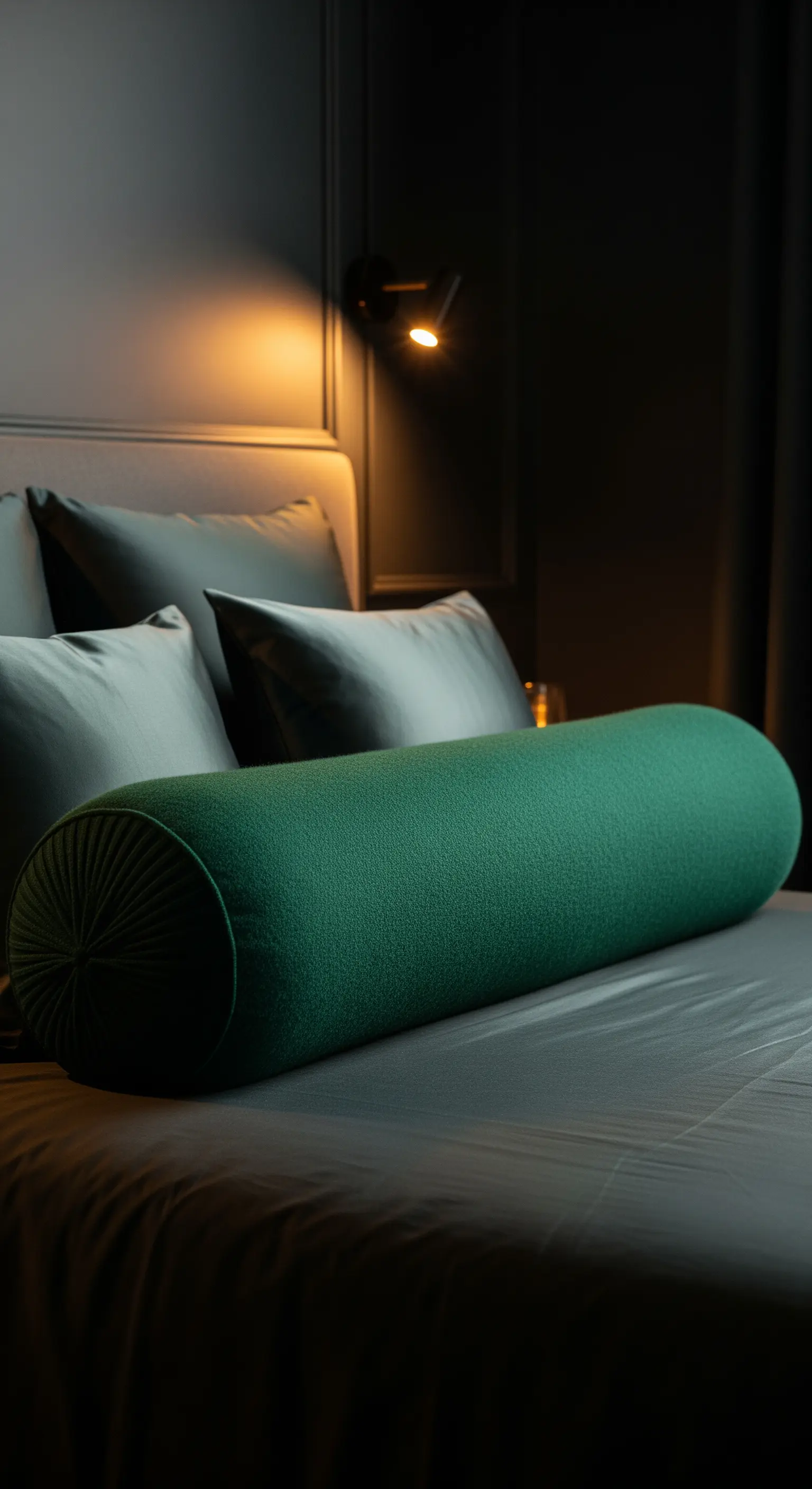 Cuscino a cilindro in maglia fine verde scuro, appoggiato su un letto moderno.
