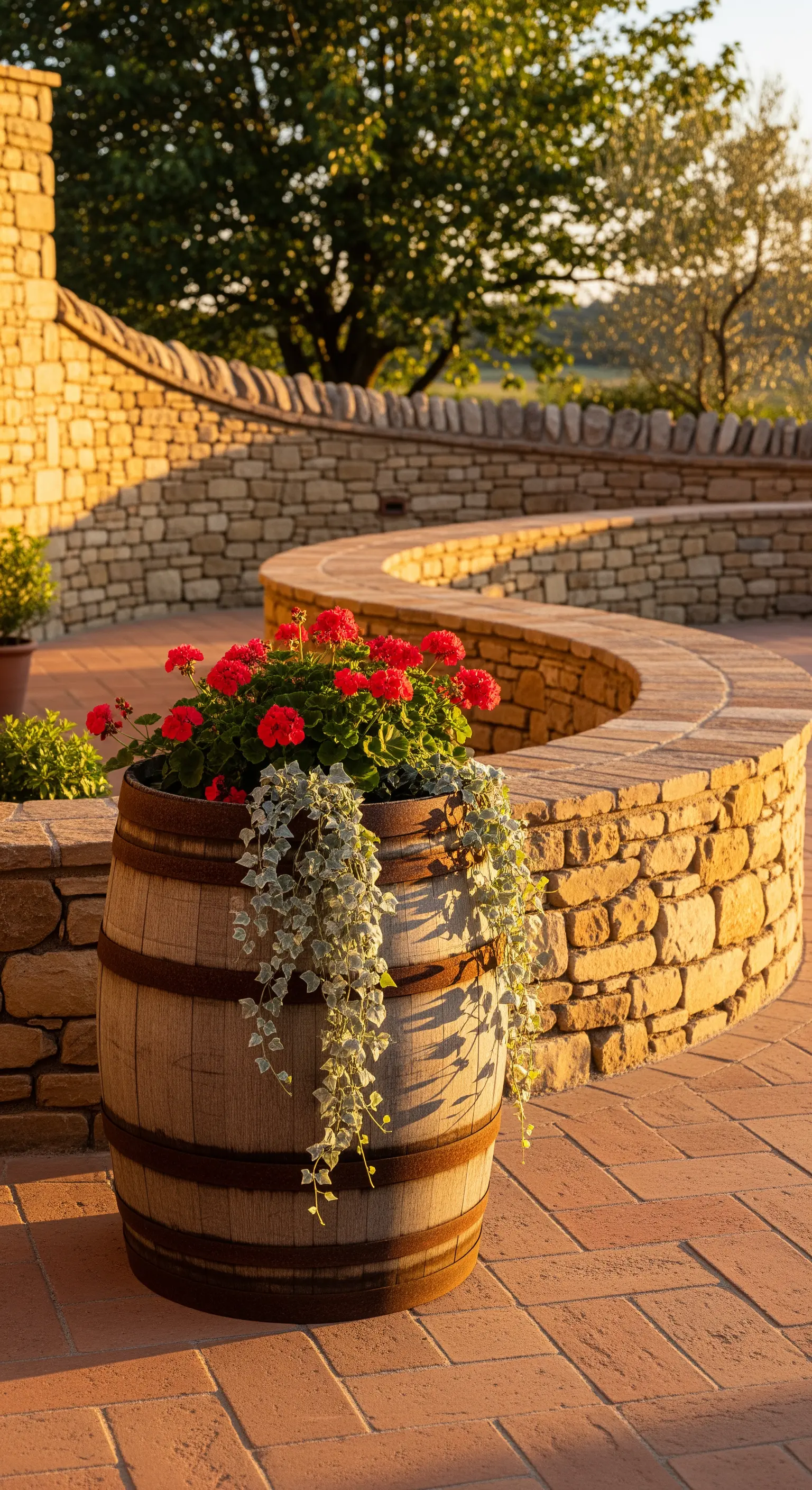 Botte di legno con gerani rossi e edera ricadente davanti a un muretto curvo in pietra.