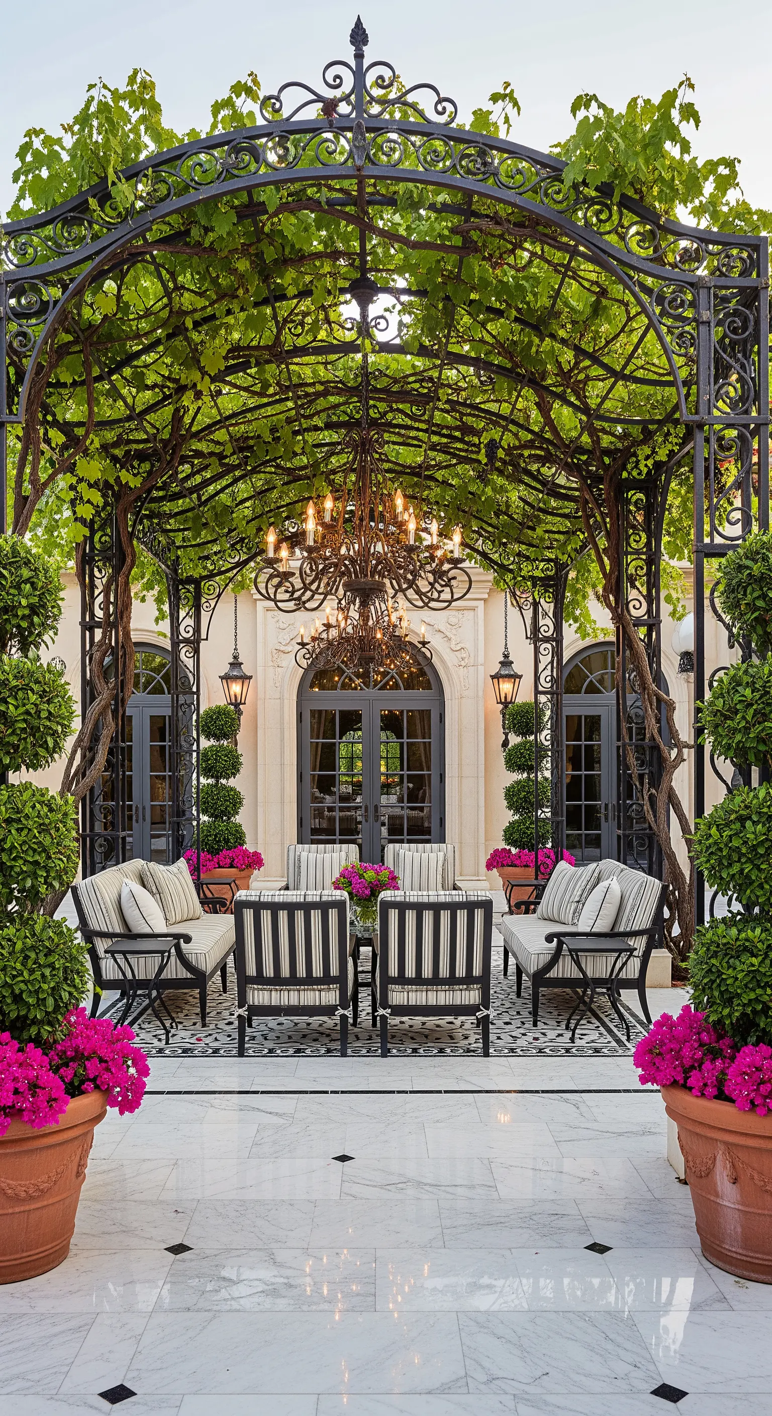 Patio elegante con pergola in ferro battuto, lampadario e divani a righe.