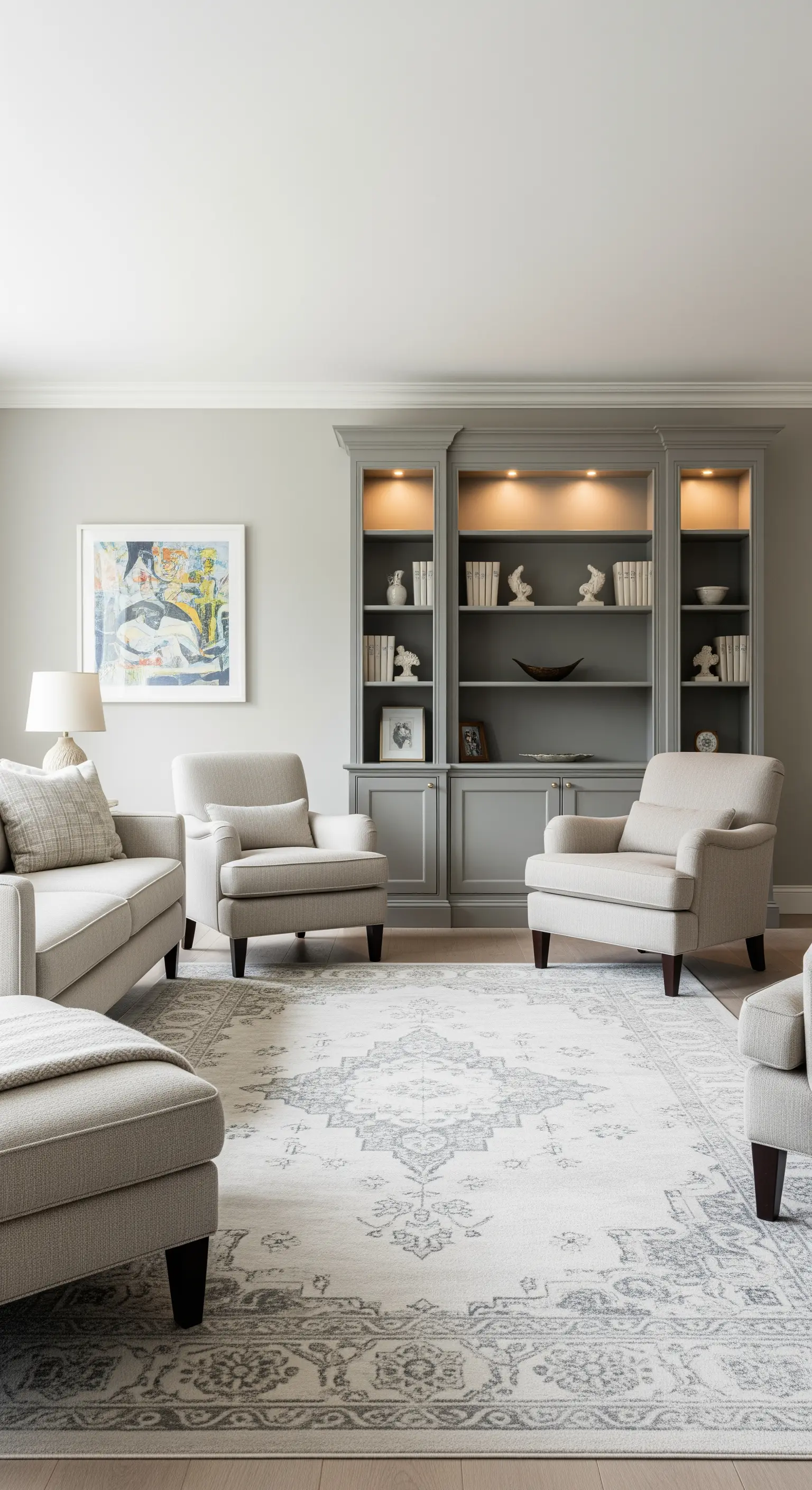 Salotto in toni neutri con libreria grigia integrata e faretti, e poltrone color crema.