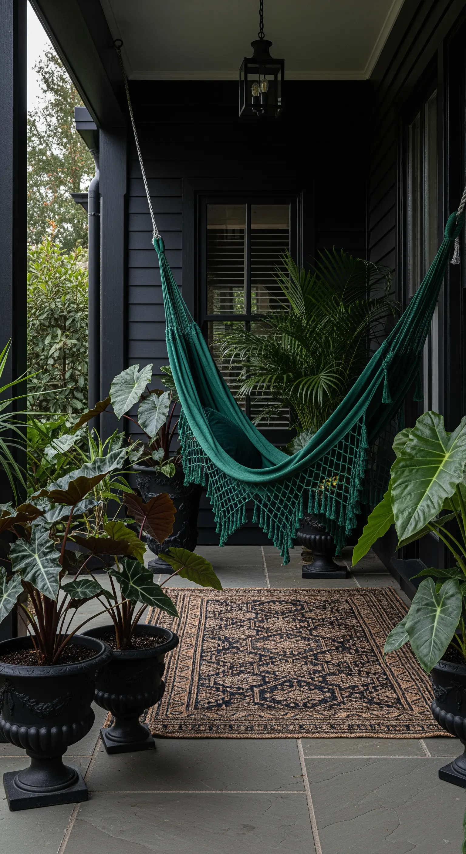 Portico scuro con amaca verde smeraldo, vasi neri e piante rigogliose.