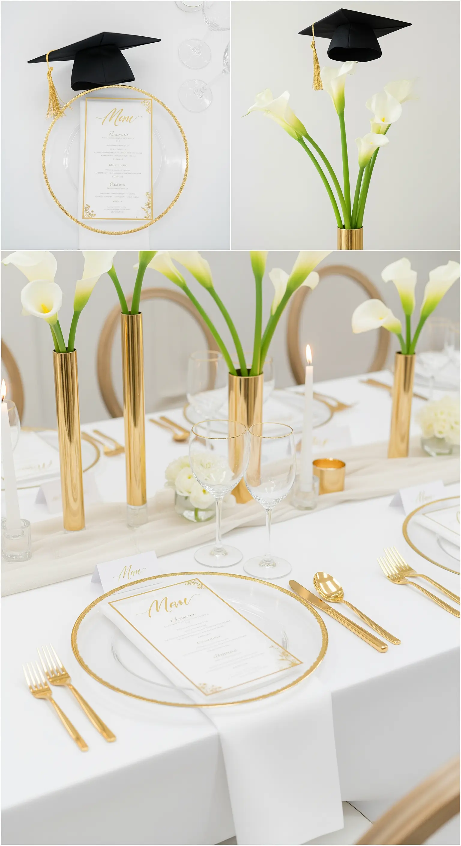 Dettagli coordinati per una festa di laurea: menù, posate, vasi e sottopiatti dorati.