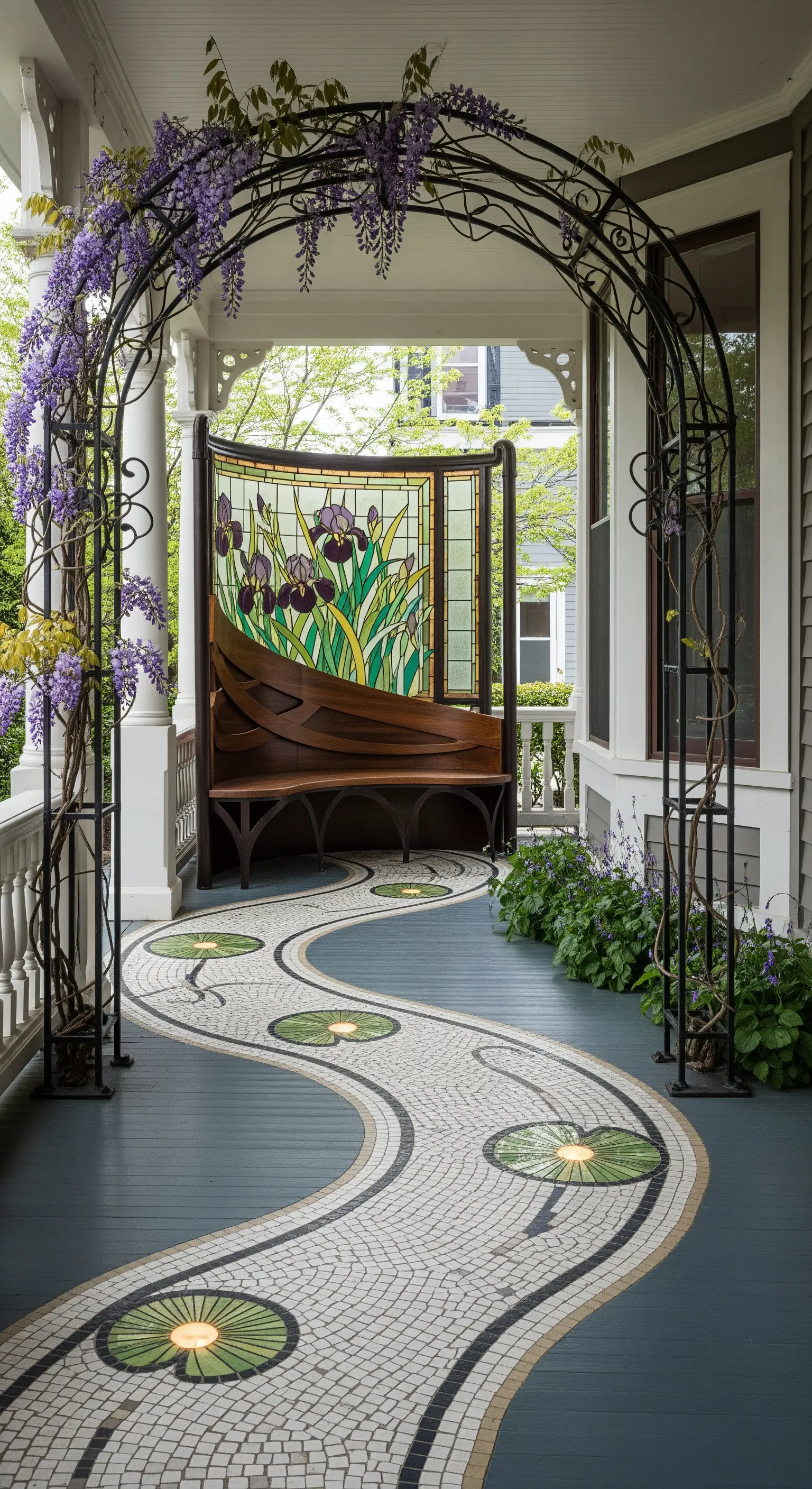 Portico in stile Art Nouveau con arco in ferro battuto, sentiero a mosaico e panca con vetrata.