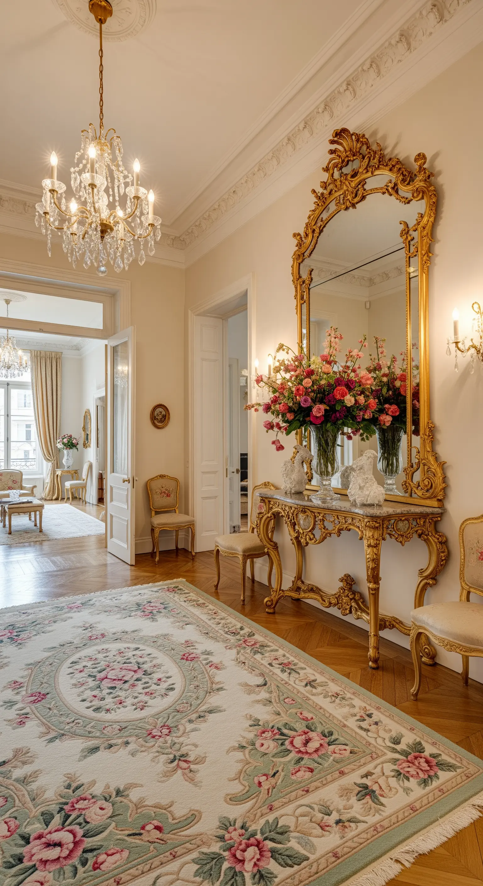 Ingresso classico con specchio dorato, grandi composizioni floreali e tappeto a fiori.