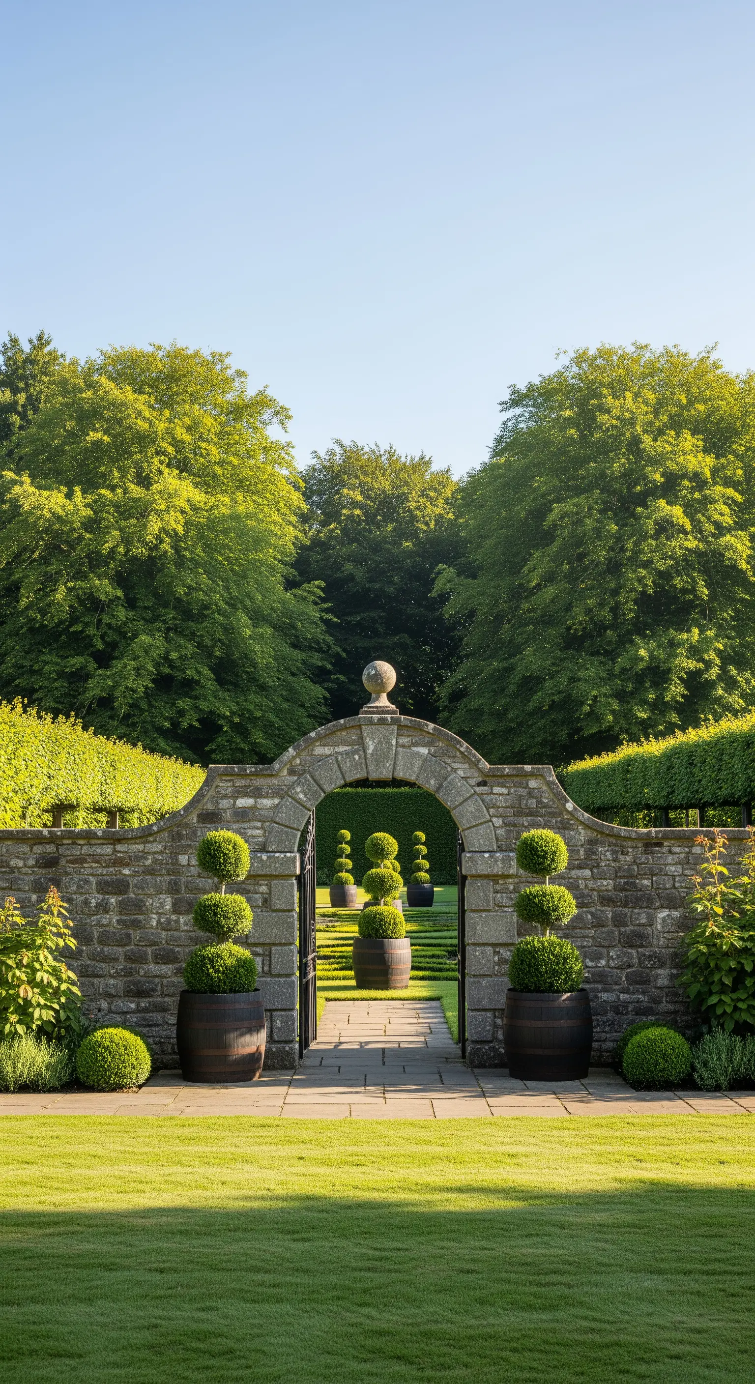 Cancello con arco in pietra incorniciato da due botti scure con arbusti di bosso potati a palla.