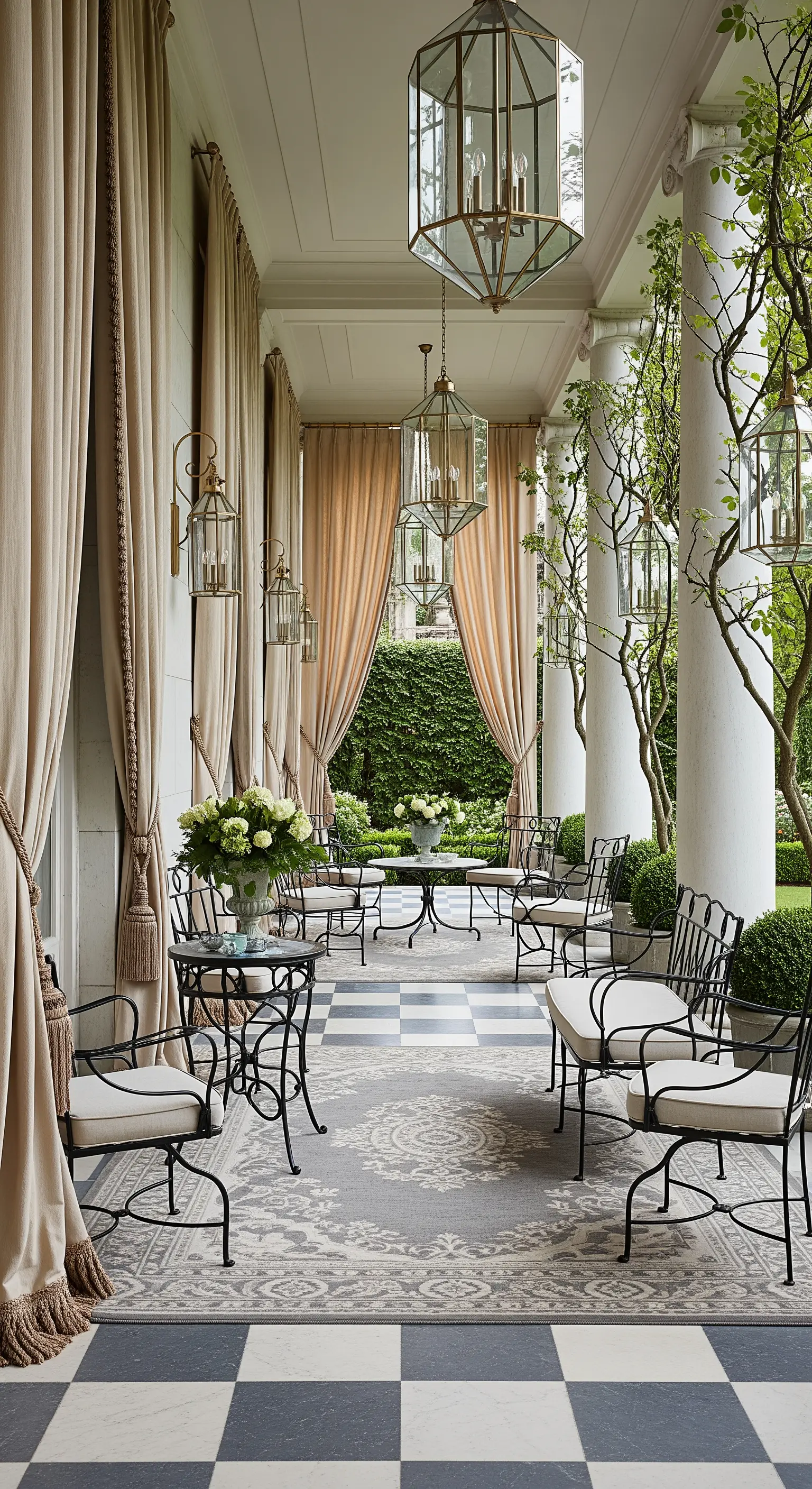 Portico classico con colonne, pavimento a scacchi, tende color champagne e lanterne in ottone
