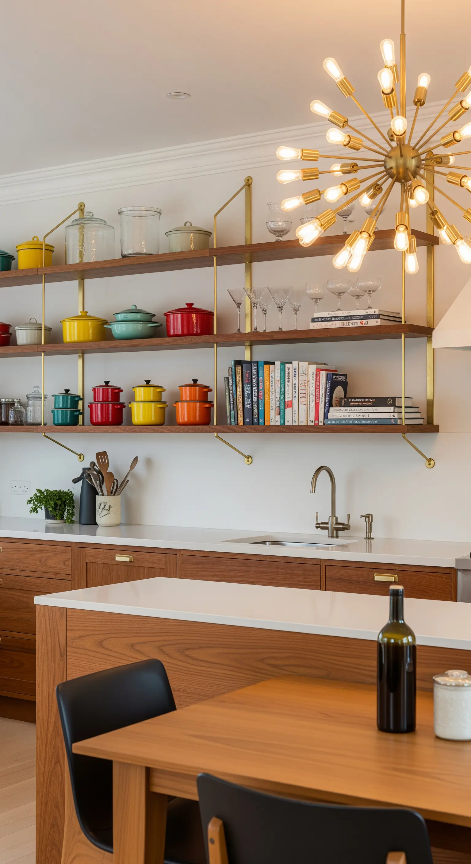 Mensole in legno con staffe in ottone e pentole colorate in una cucina moderna.