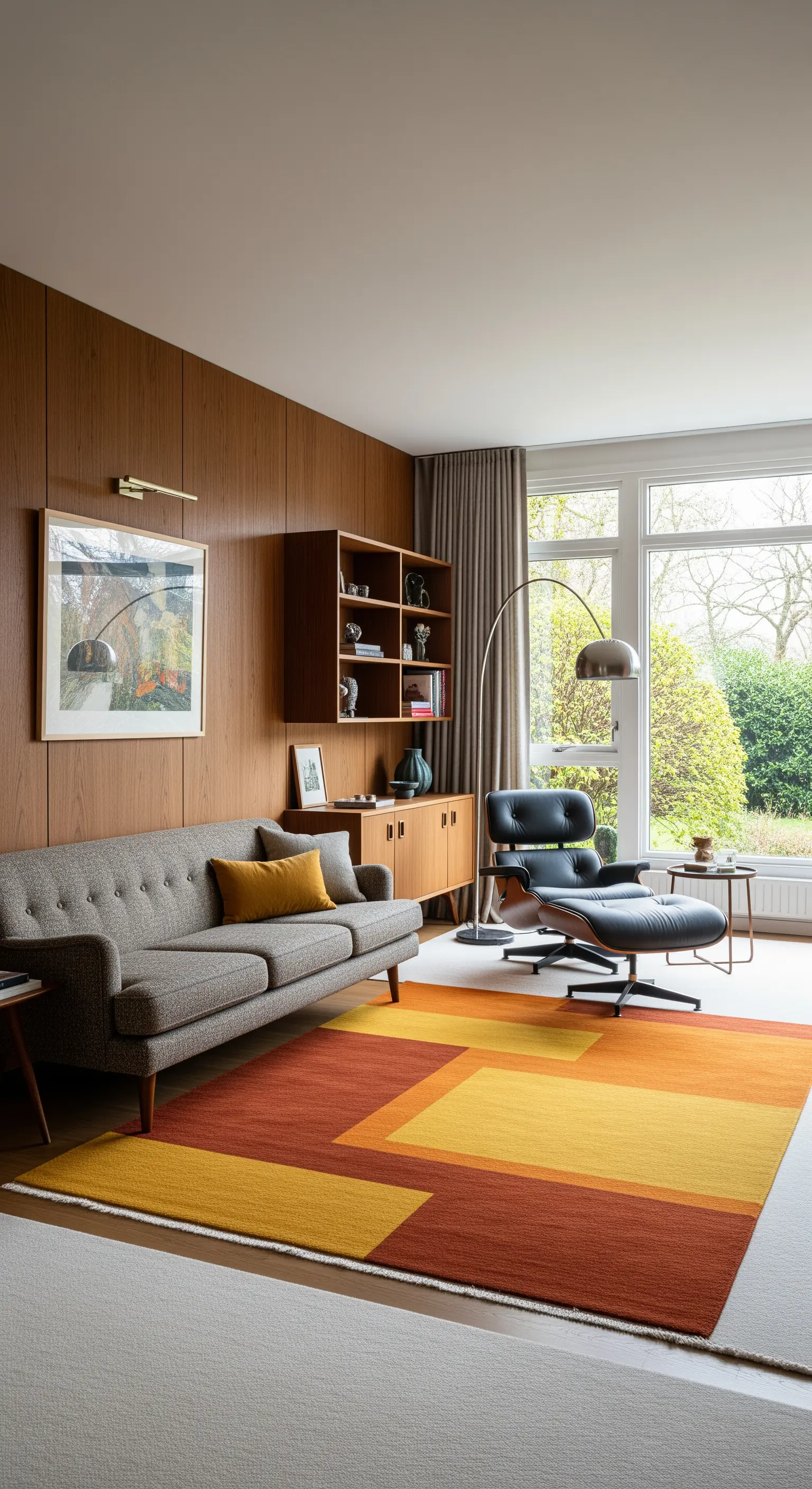 Soggiorno Mid-Century con boiserie in legno, poltrona in pelle nera e tappeto geometrico colorato.