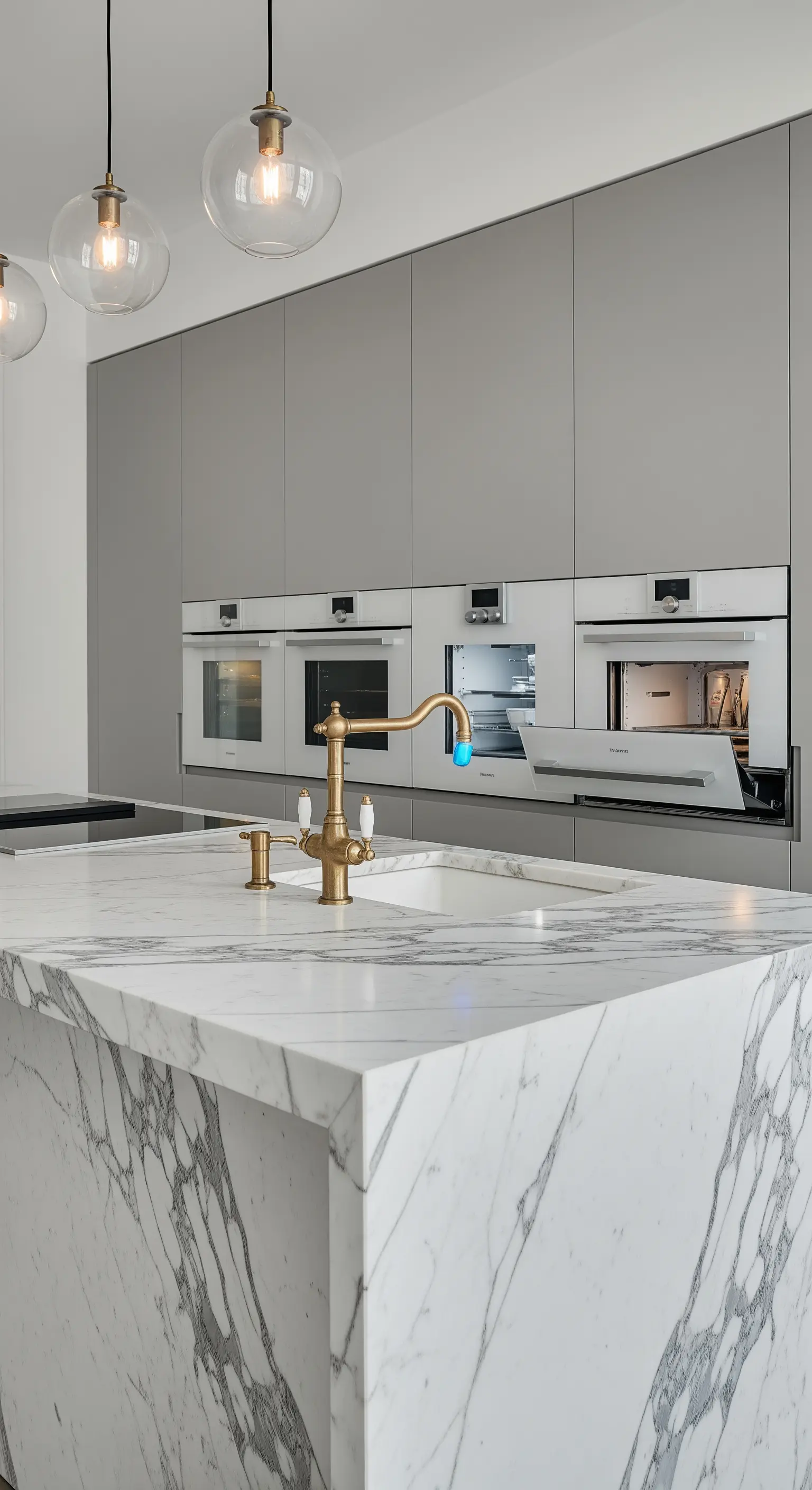 Isola in marmo di Carrara con rubinetteria hi-tech in una cucina moderna con elettrodomestici a colonna.
