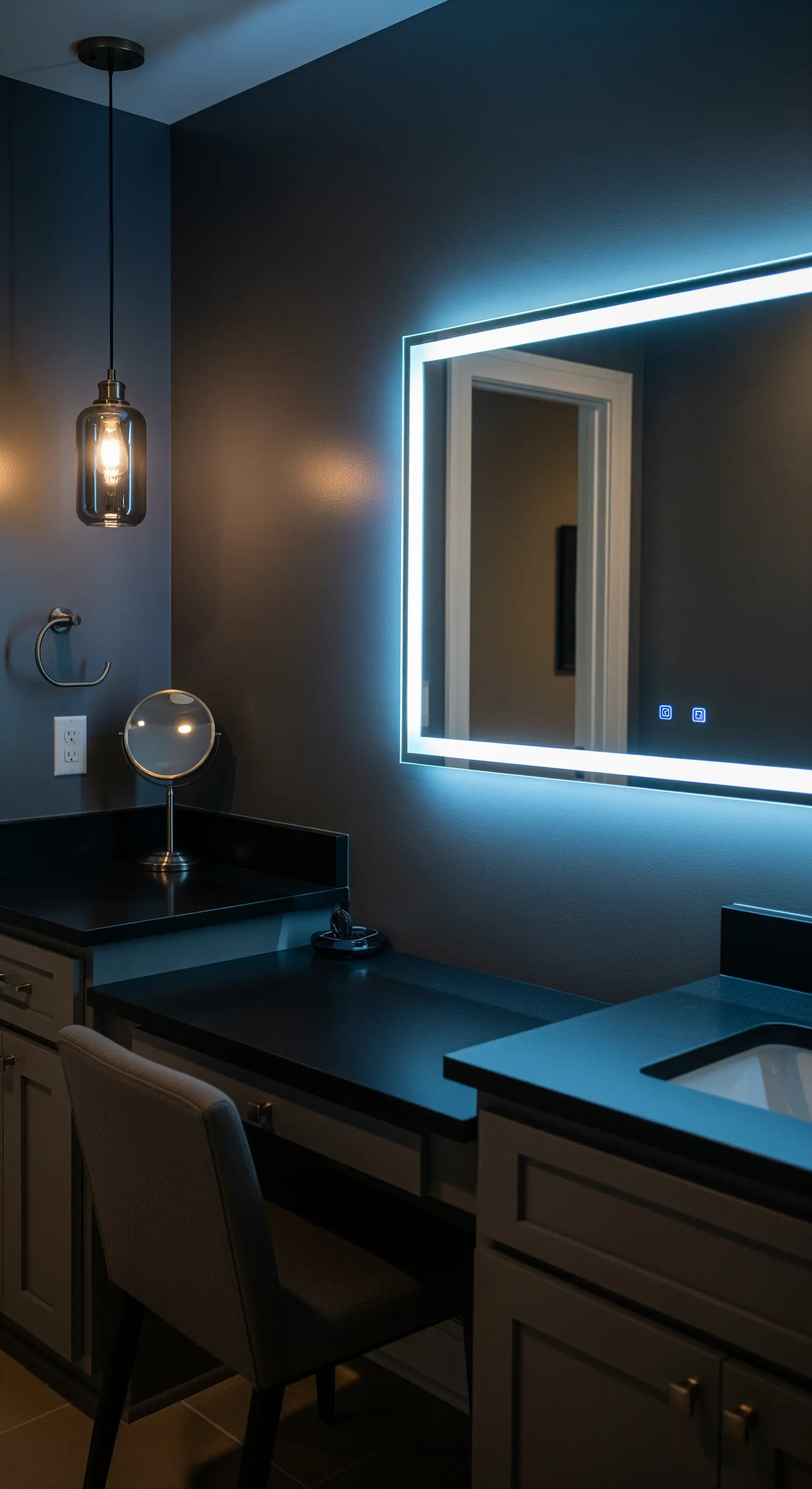 Postazione trucco moderna con pareti scure e specchio rettangolare con luce LED fredda.