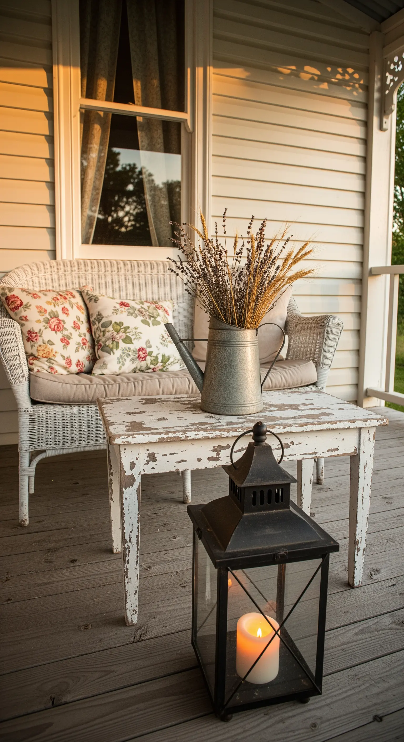 Veranda shabby con divanetto in vimini, cuscini a fiori e tavolo decapato al tramonto.