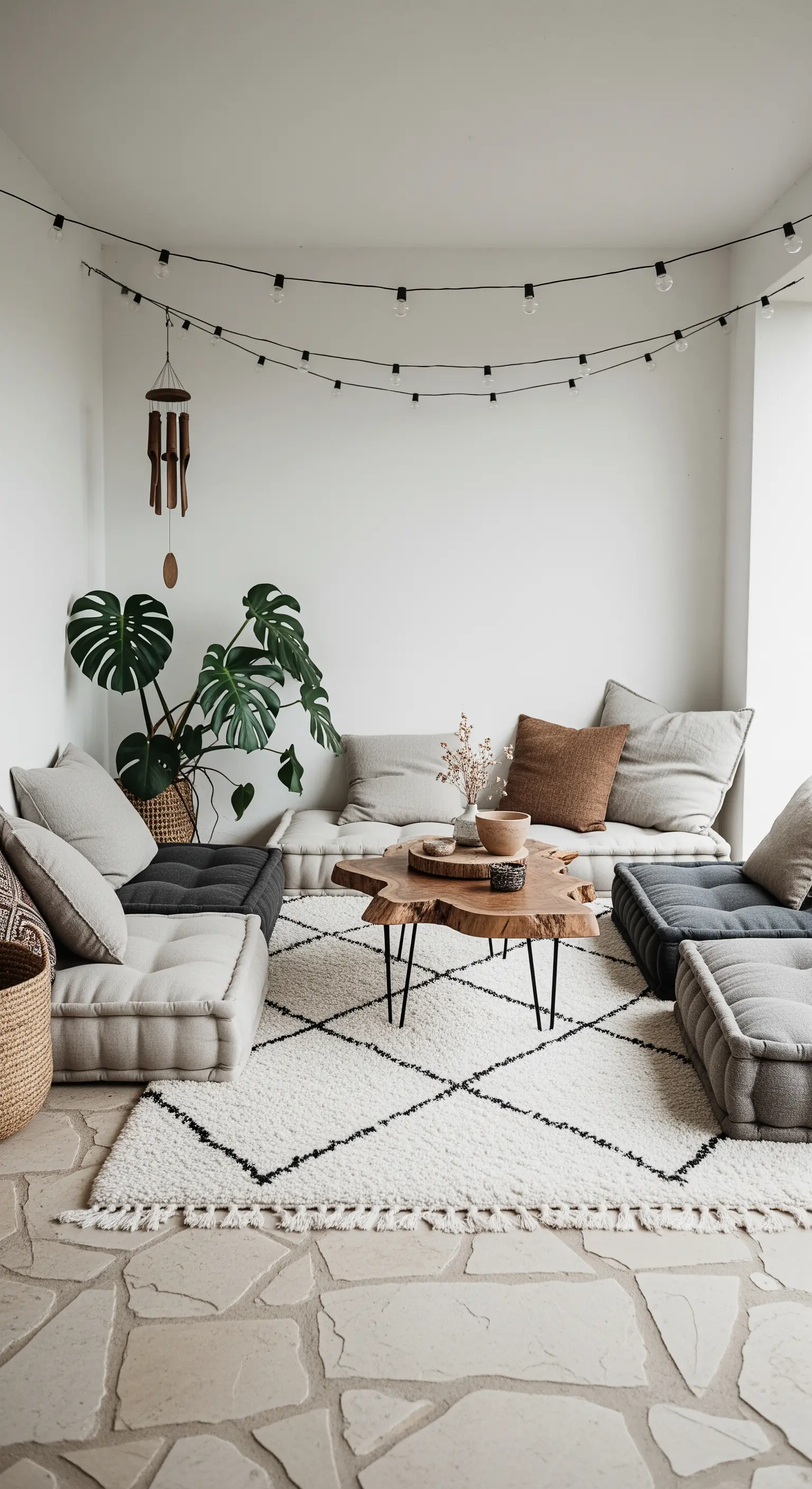 Spazio bohémien minimalista con cuscini da pavimento, tavolino in legno grezzo e tappeto.