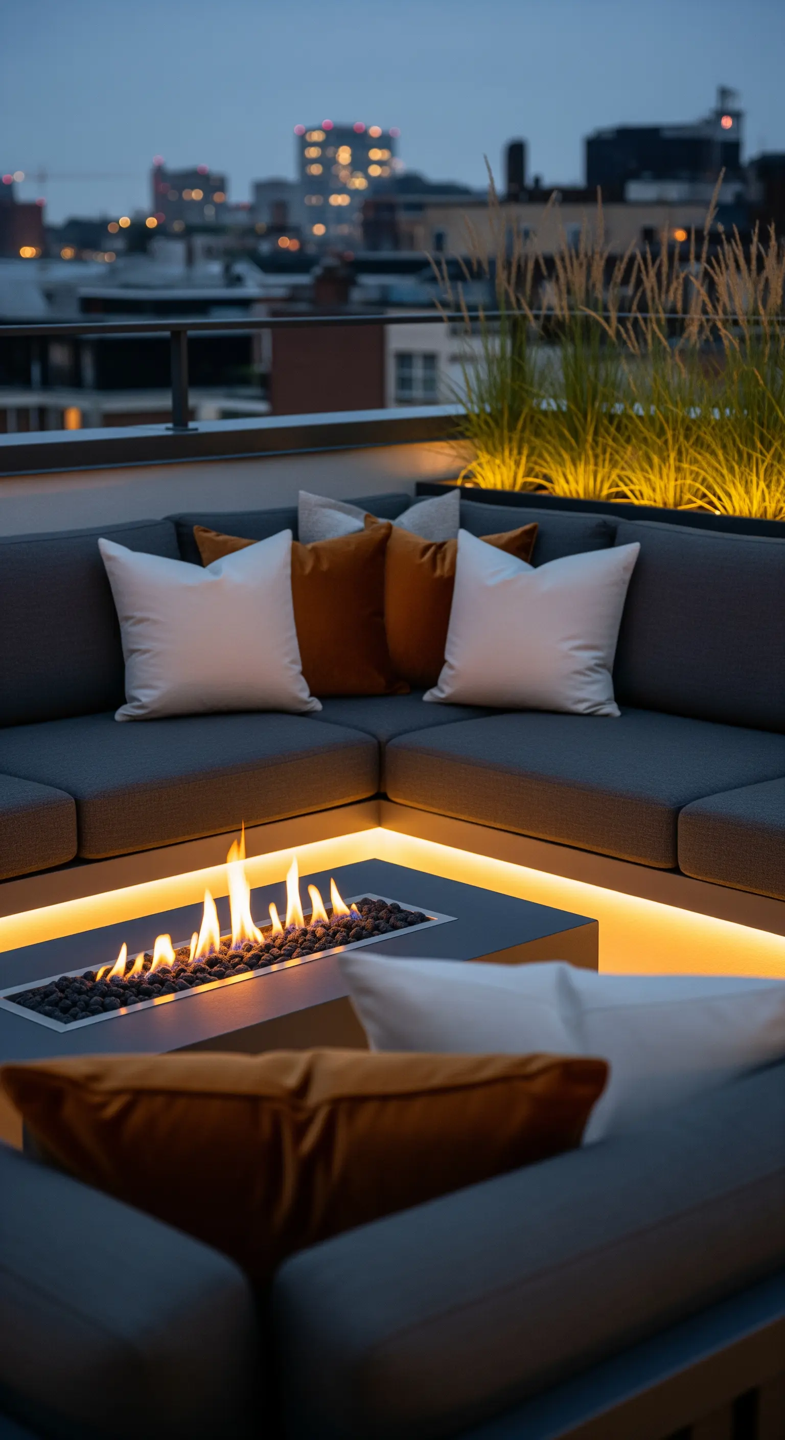 Divano angolare grigio con braciere centrale e illuminazione LED integrata su un terrazzo urbano.