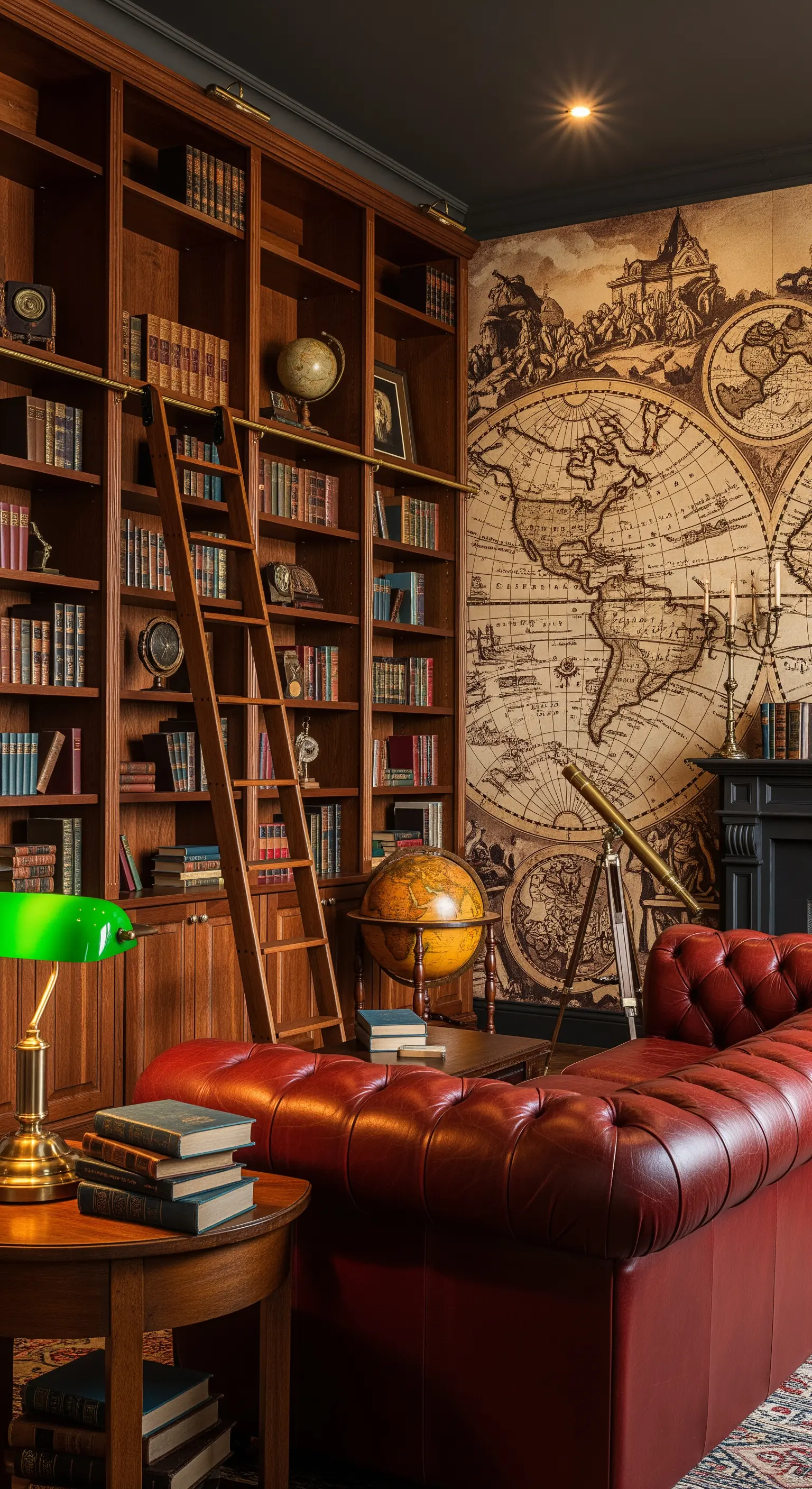 Studio classico con murale di una mappa antica, libreria a muro e divano Chesterfield in pelle rossa.