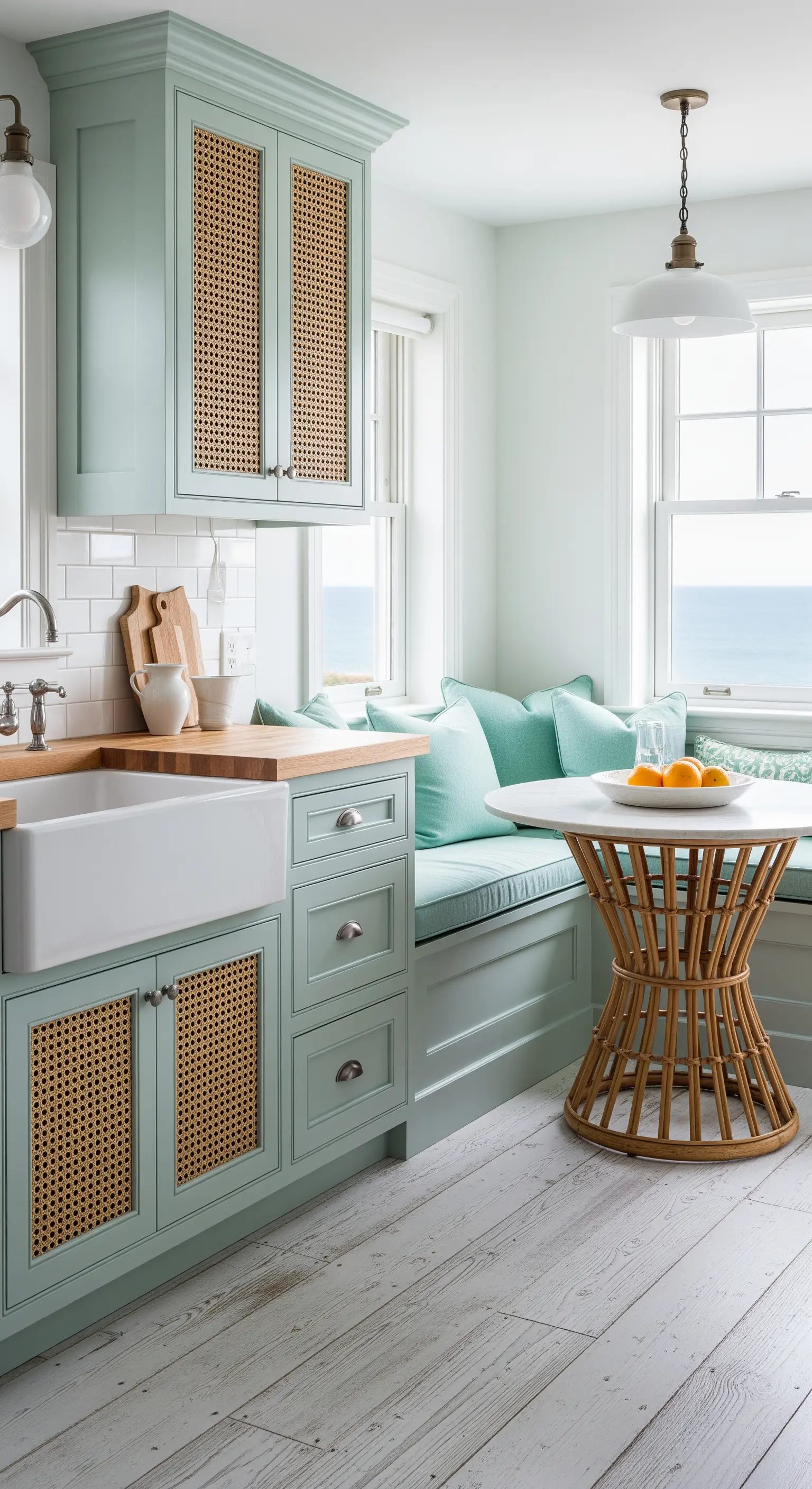 Dettaglio di mobili da cucina verde menta con inserti in paglia di Vienna.