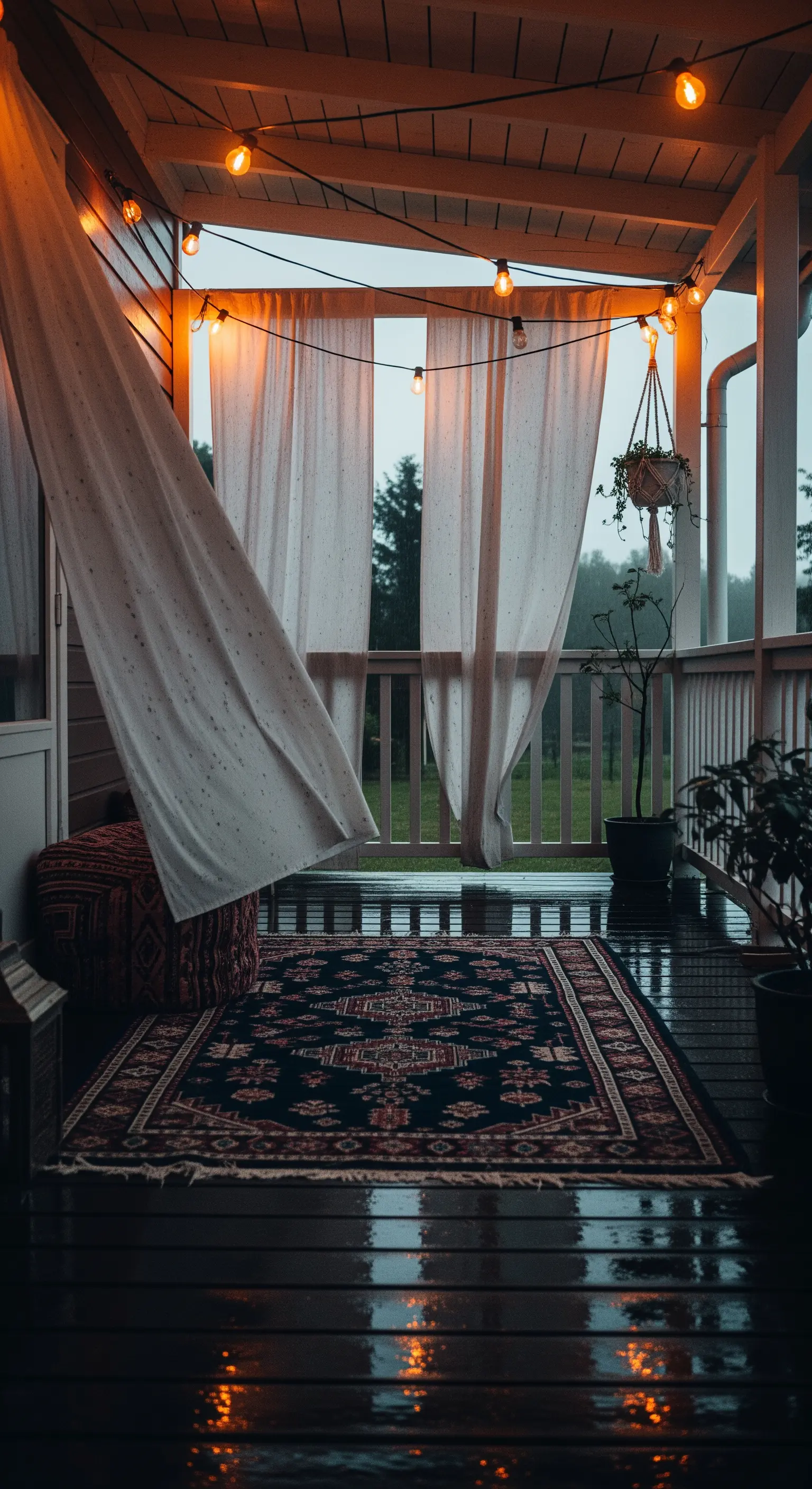 Veranda in una serata piovosa con tappeto scuro e tende mosse dal vento.