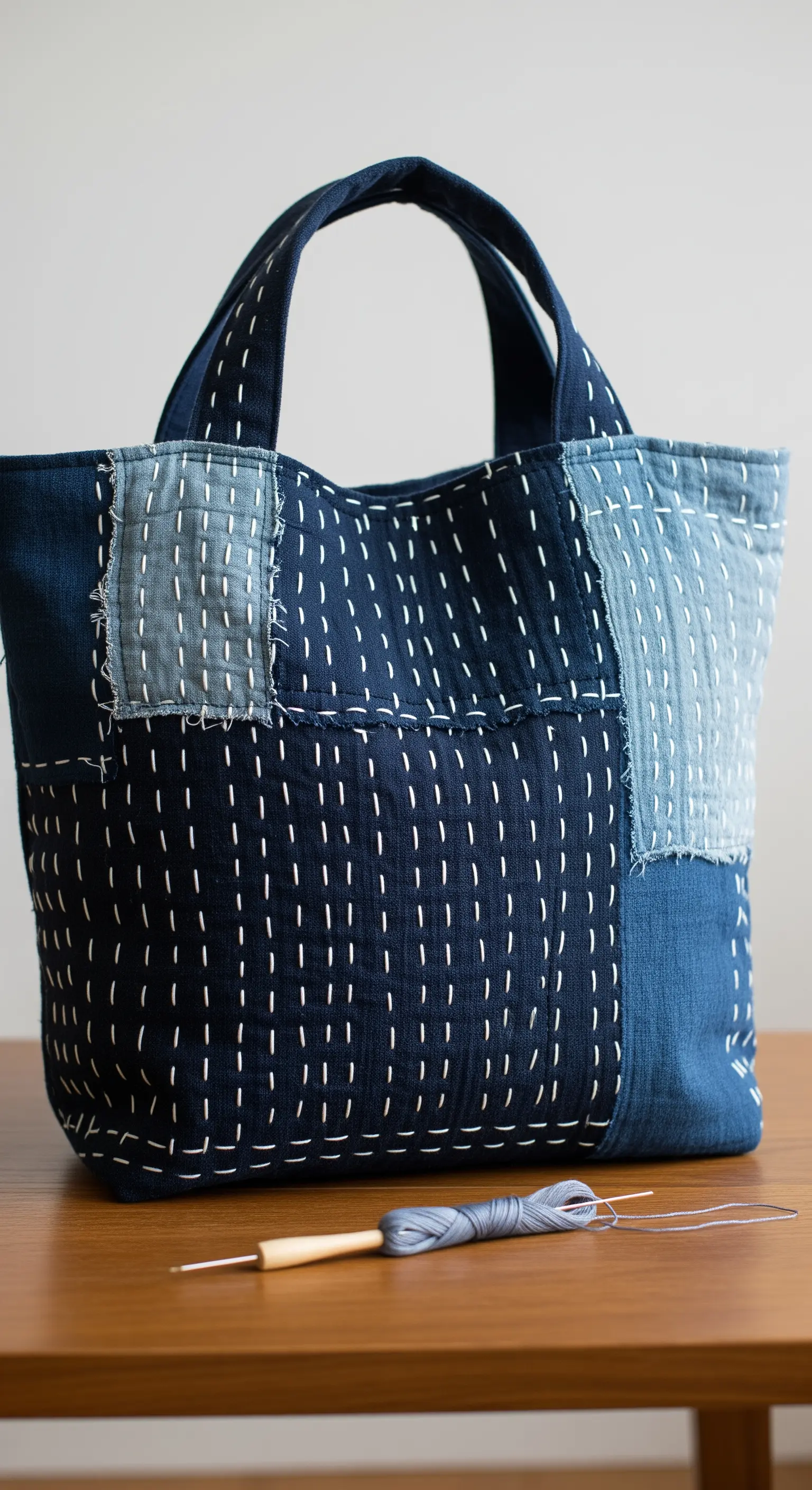 Borsa in stile giapponese con patchwork di tessuti indaco e cuciture a vista Sashiko.