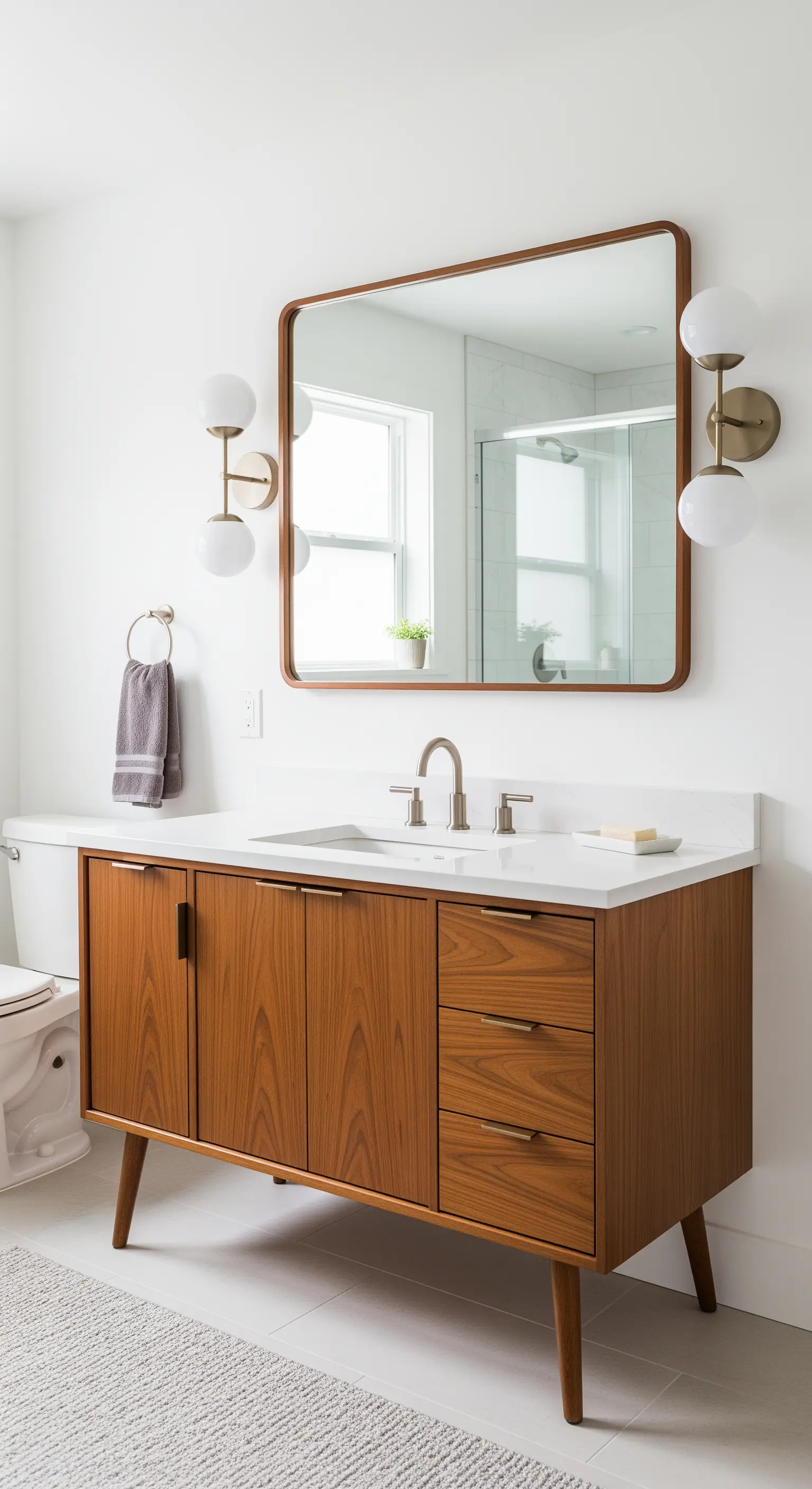 Mobile lavabo in legno stile Mid-Century con specchio abbinato e applique in ottone.