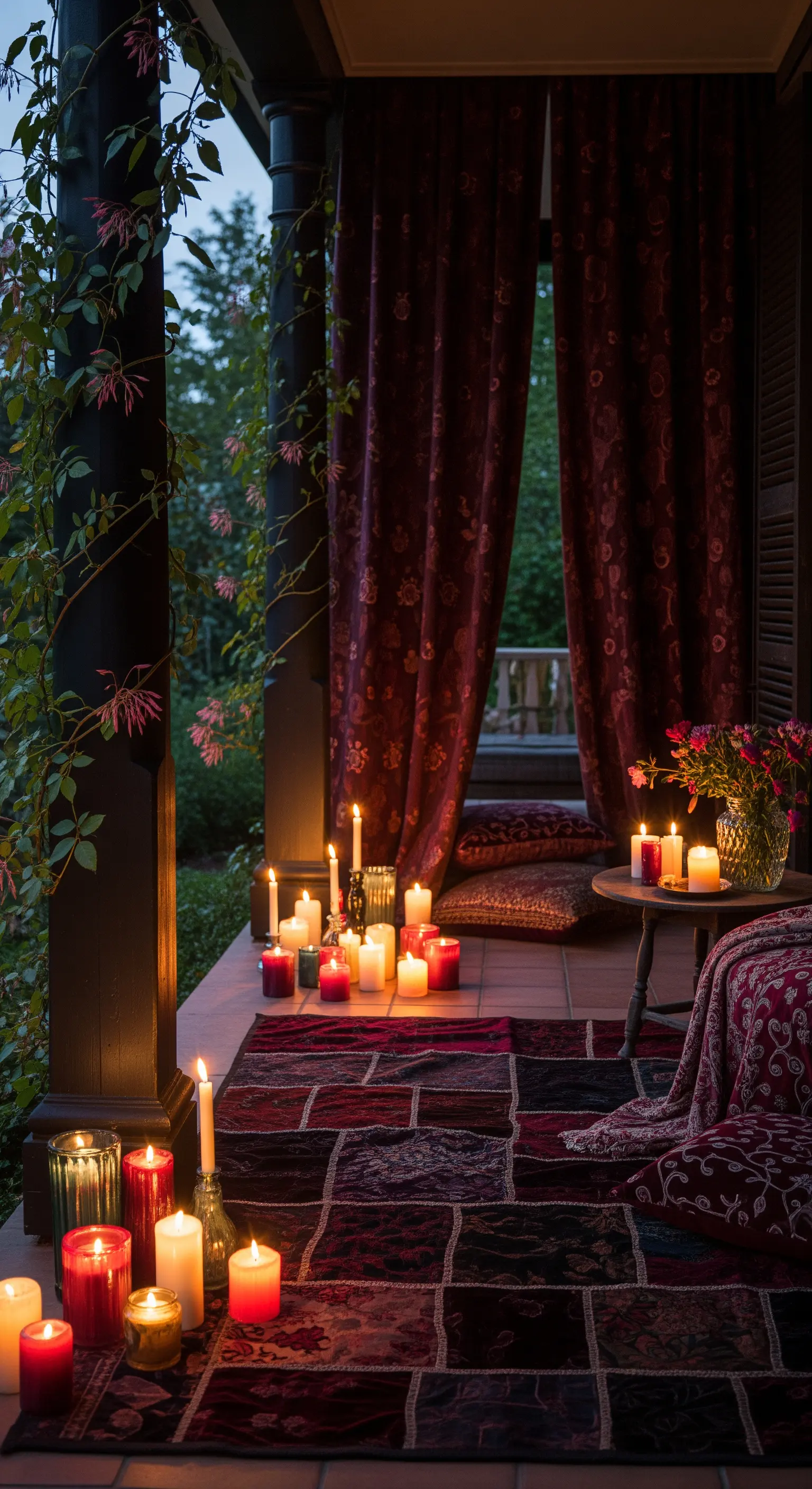 Portico di sera illuminato solo da candele, con tappeto e tende in velluto bordeaux.