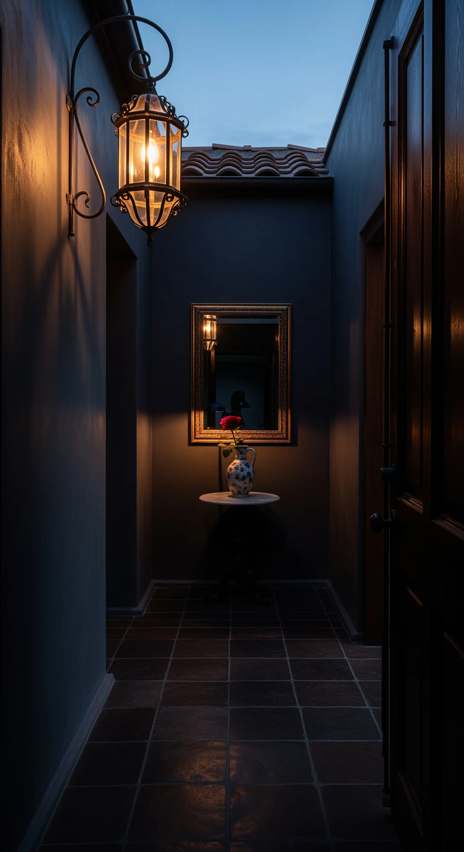 Corridoio scuro illuminato da una lanterna calda, con specchio dorato e un piccolo tavolo.
