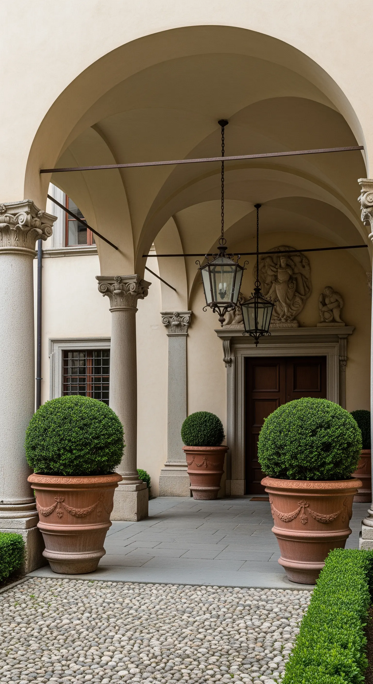 Cortile con portico rinascimentale, grandi vasi in terracotta con bossi sferici e pavimento a ciottoli