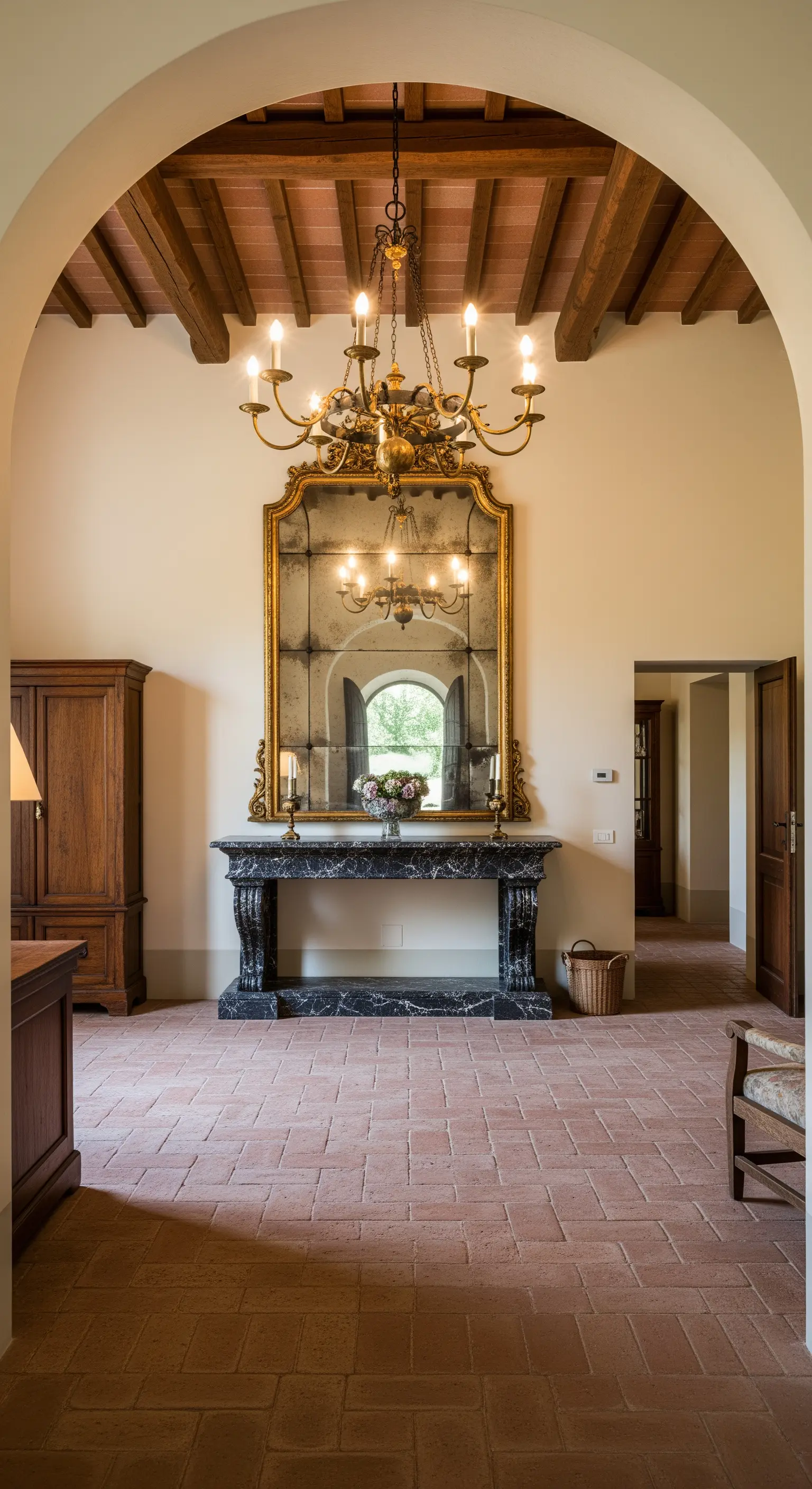 Ingresso rustico con pavimento in cotto, specchio antico dorato e consolle in marmo nero.