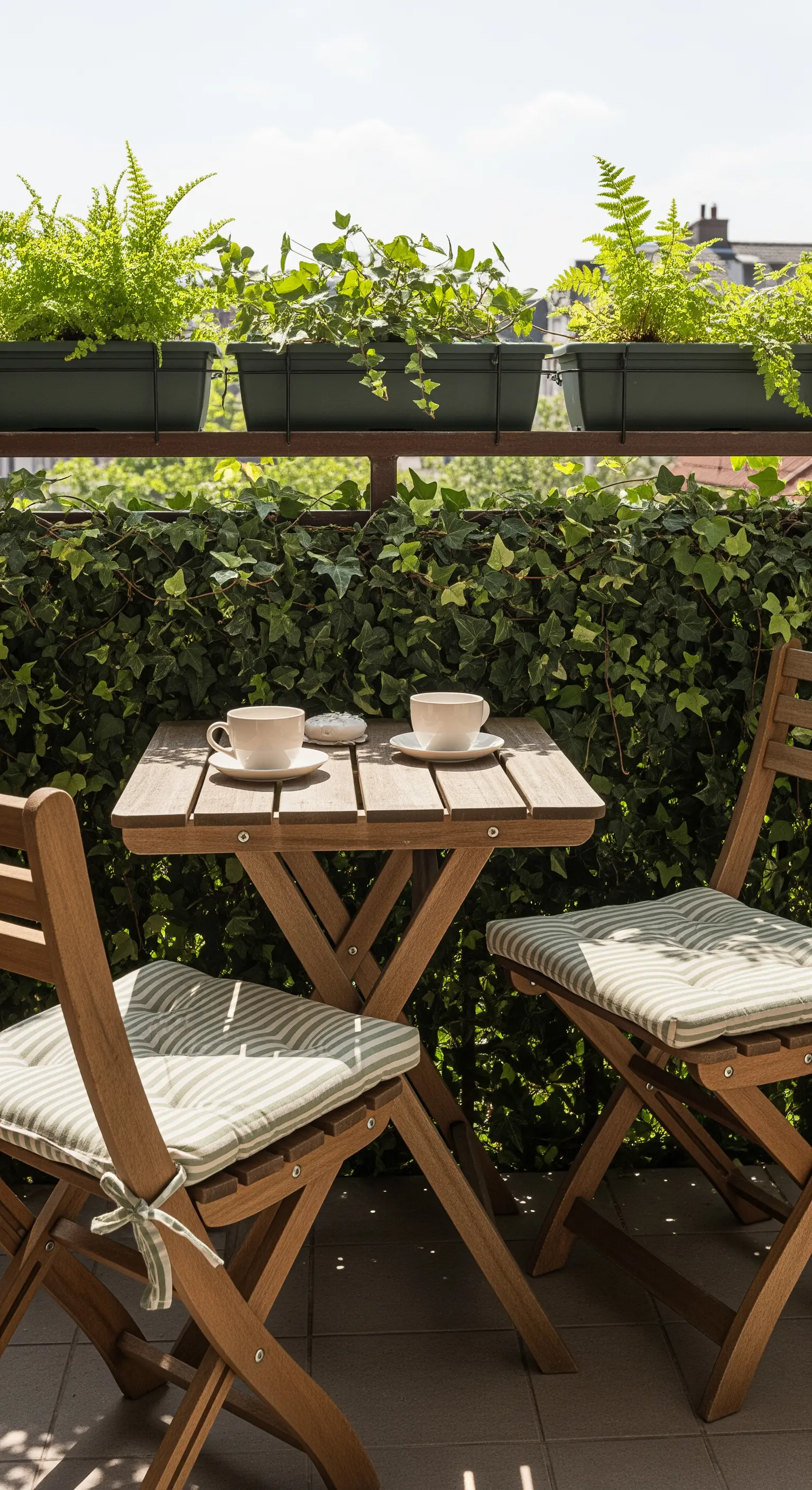Tavolino e sedie pieghevoli in legno con cuscini a righe verdi e piante sulla ringhiera.
