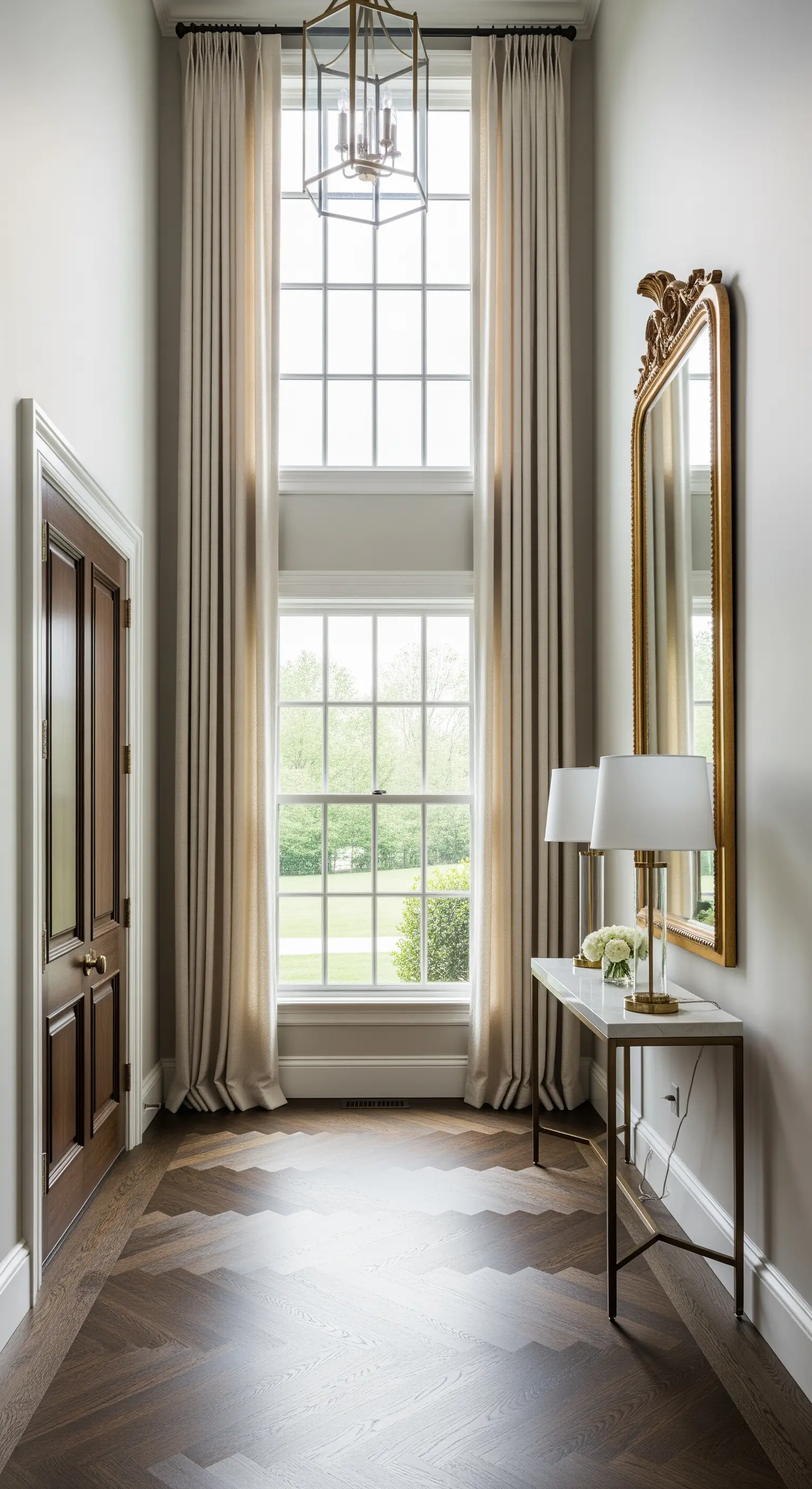 Ingresso formale con finestra alta, tende color champagne, specchio dorato e parquet a spina di pesce.