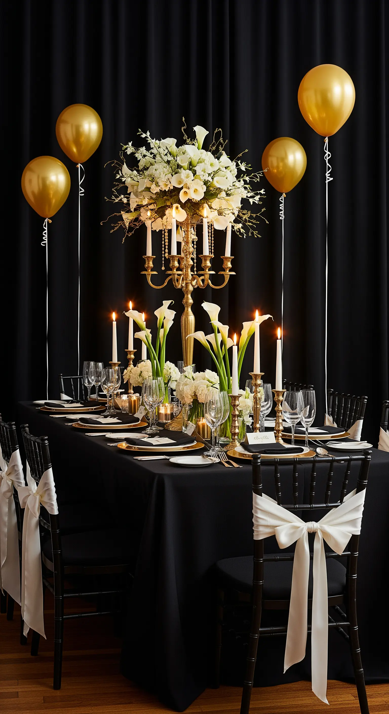 Tavola in bianco e nero con accenti dorati, candelabri e un grande centrotavola floreale.