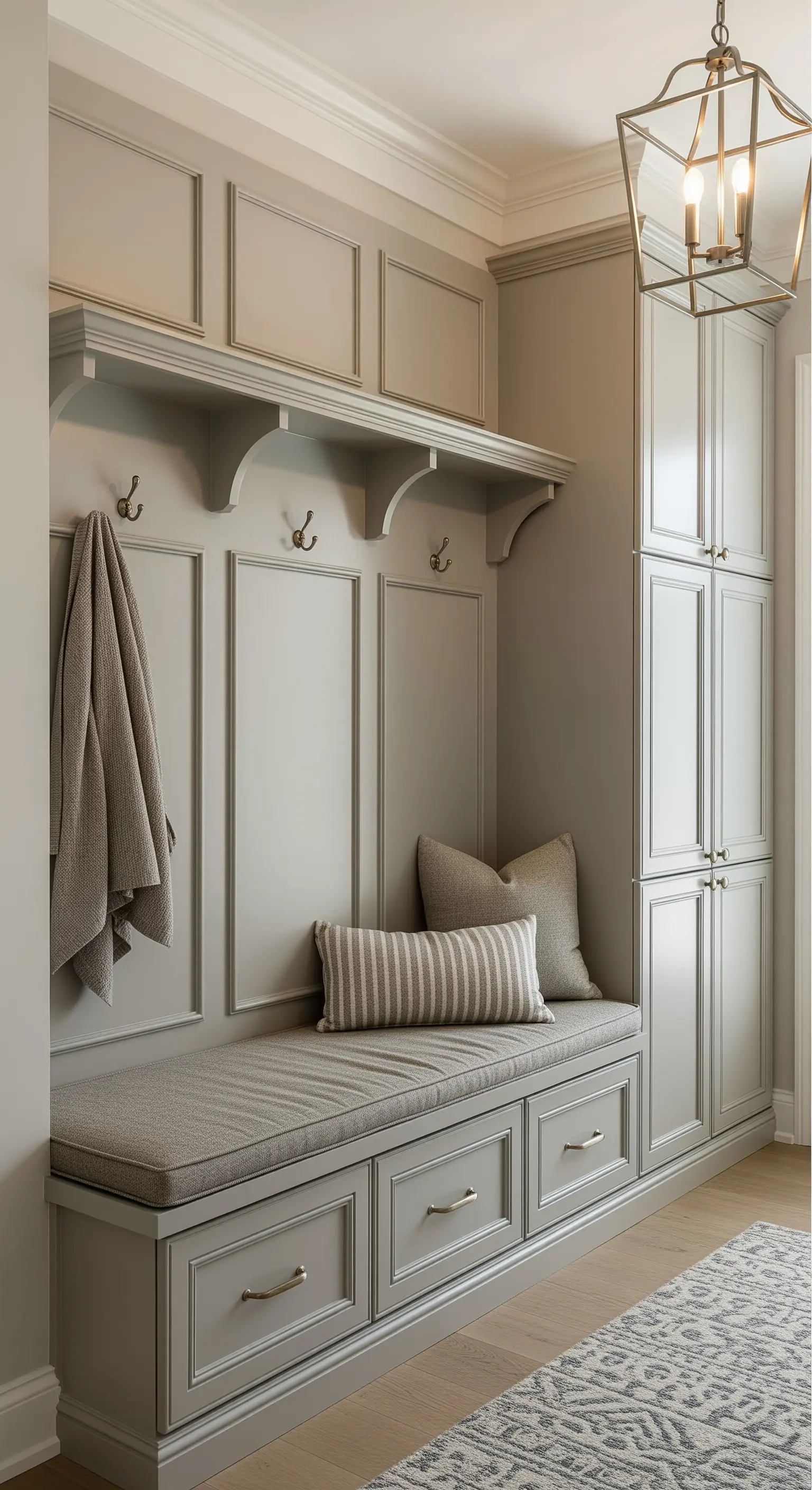 Elegante mudroom grigio tortora con pannelli modanati, panca integrata e cuscini neutri.