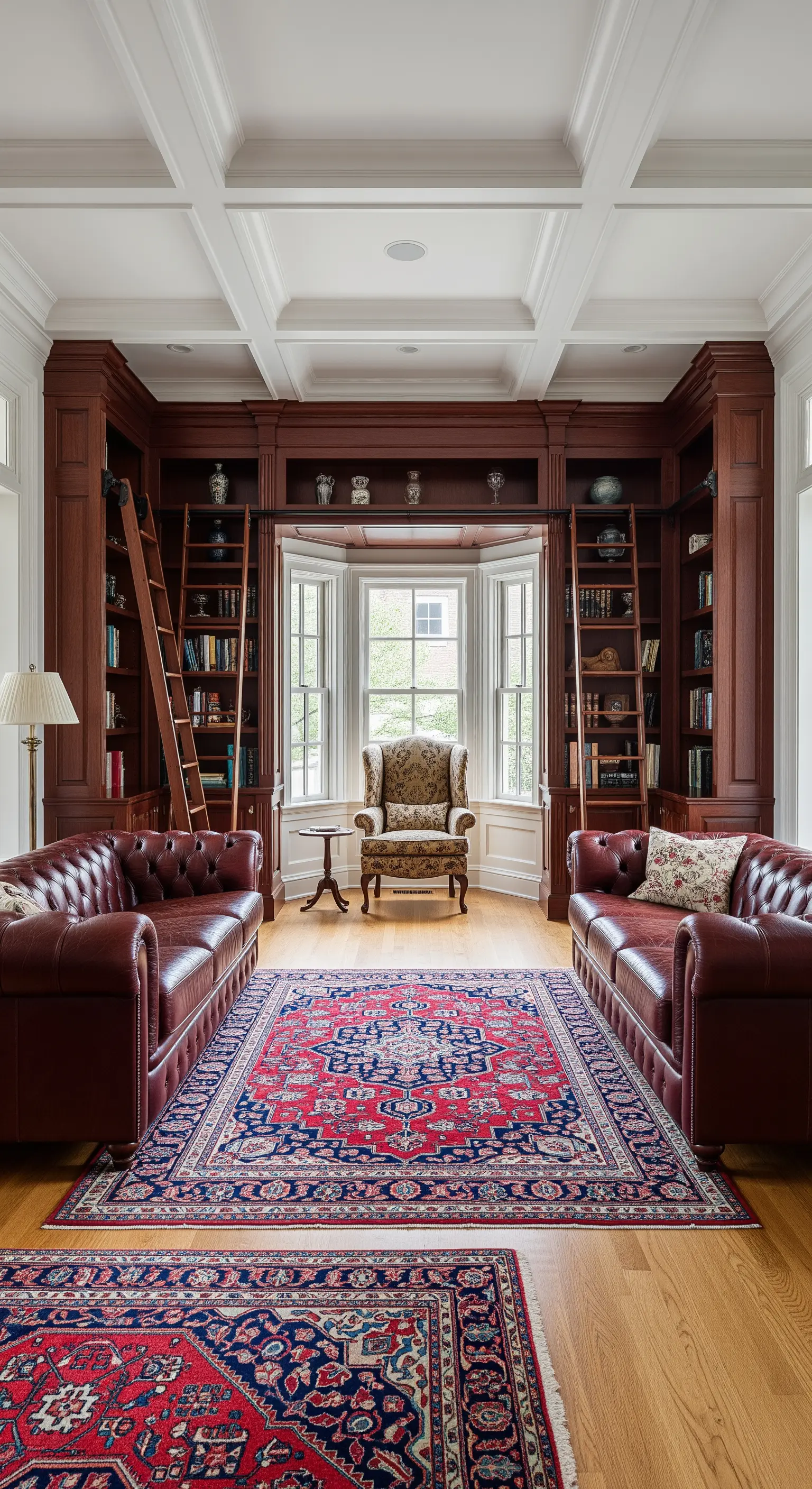 Biblioteca tradizionale con boiserie e scaffali in legno scuro, divani chesterfield in pelle.
