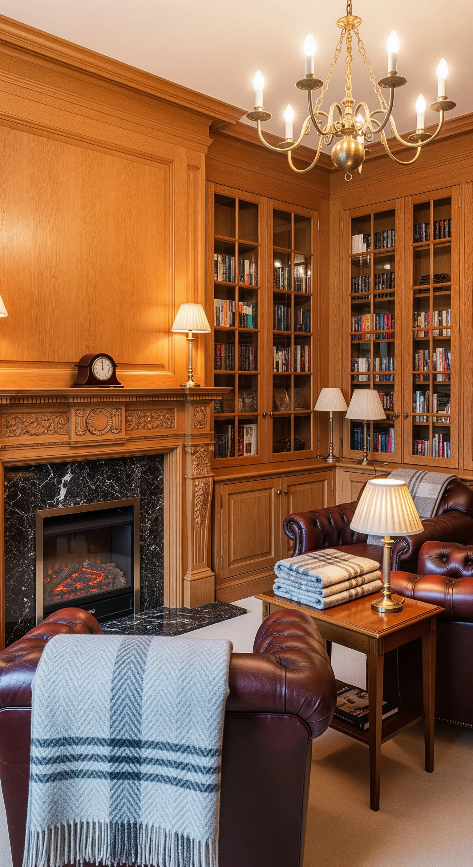 Studio classico con boiserie in legno, camino in marmo e poltrone in pelle.