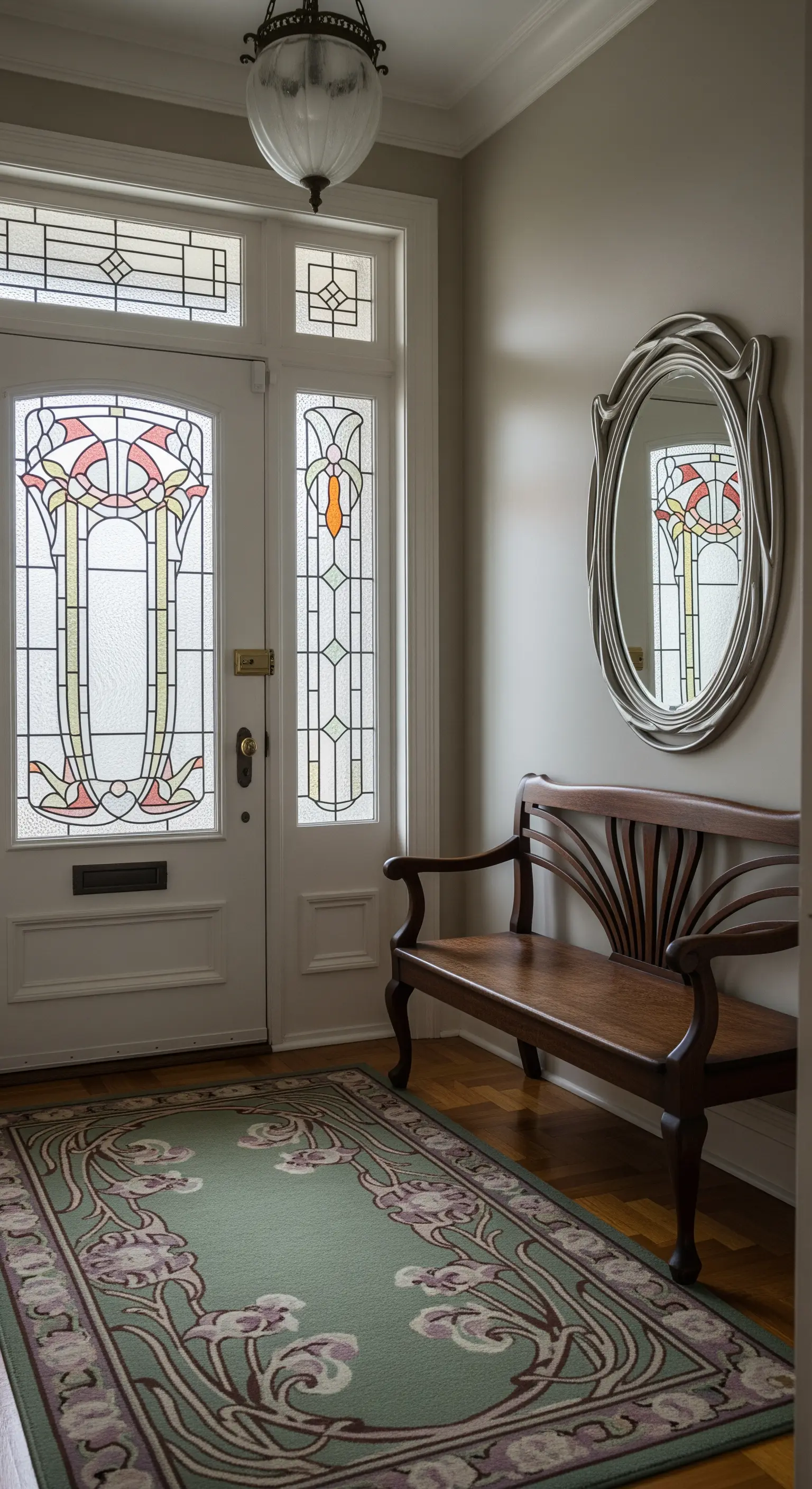 Ingresso Art Nouveau con porta in vetro colorato, panca in legno e specchio ovale.