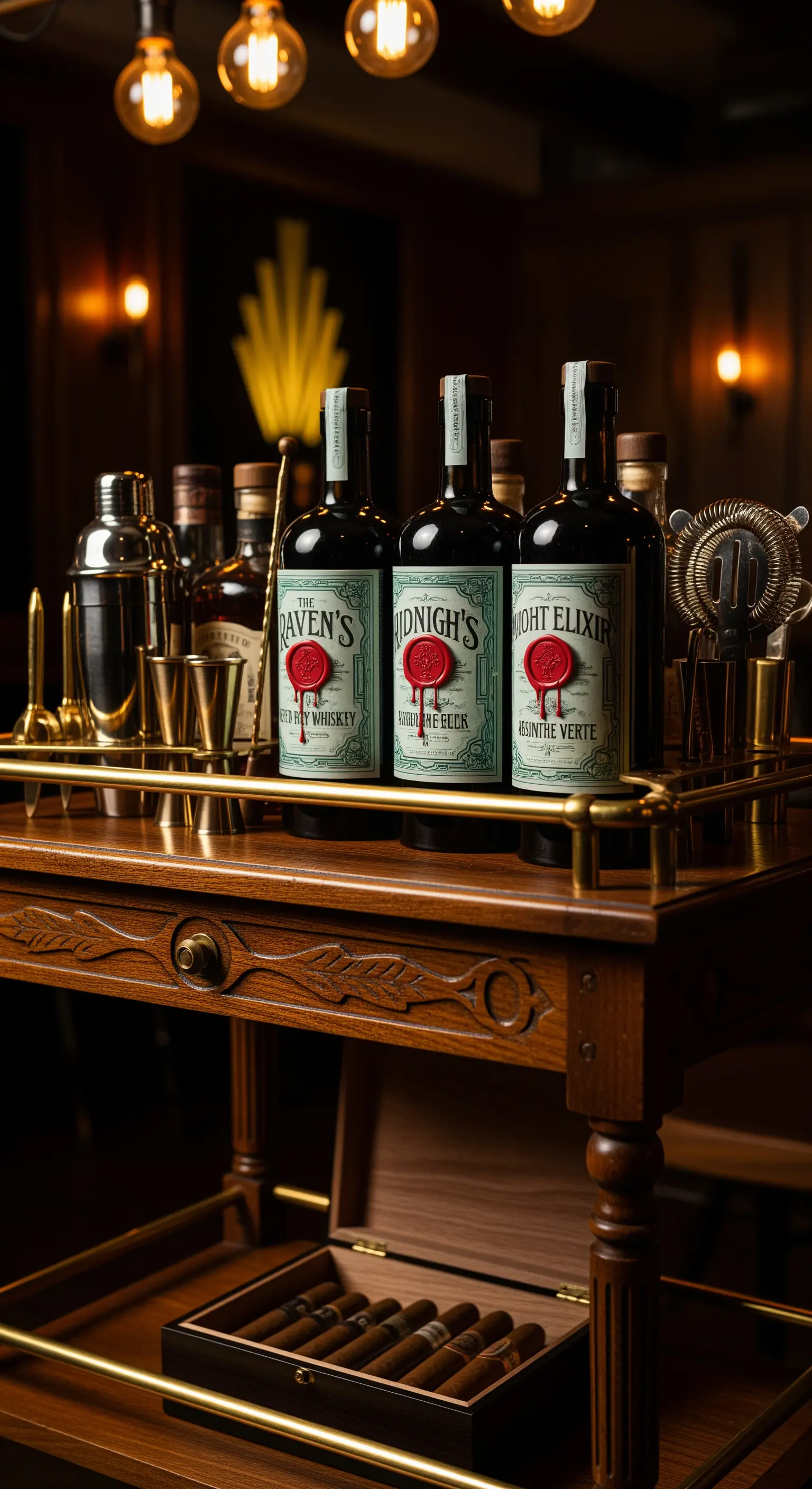 Carrello bar in legno con bottiglie di liquore dalle etichette vintage e sigillo in ceralacca.