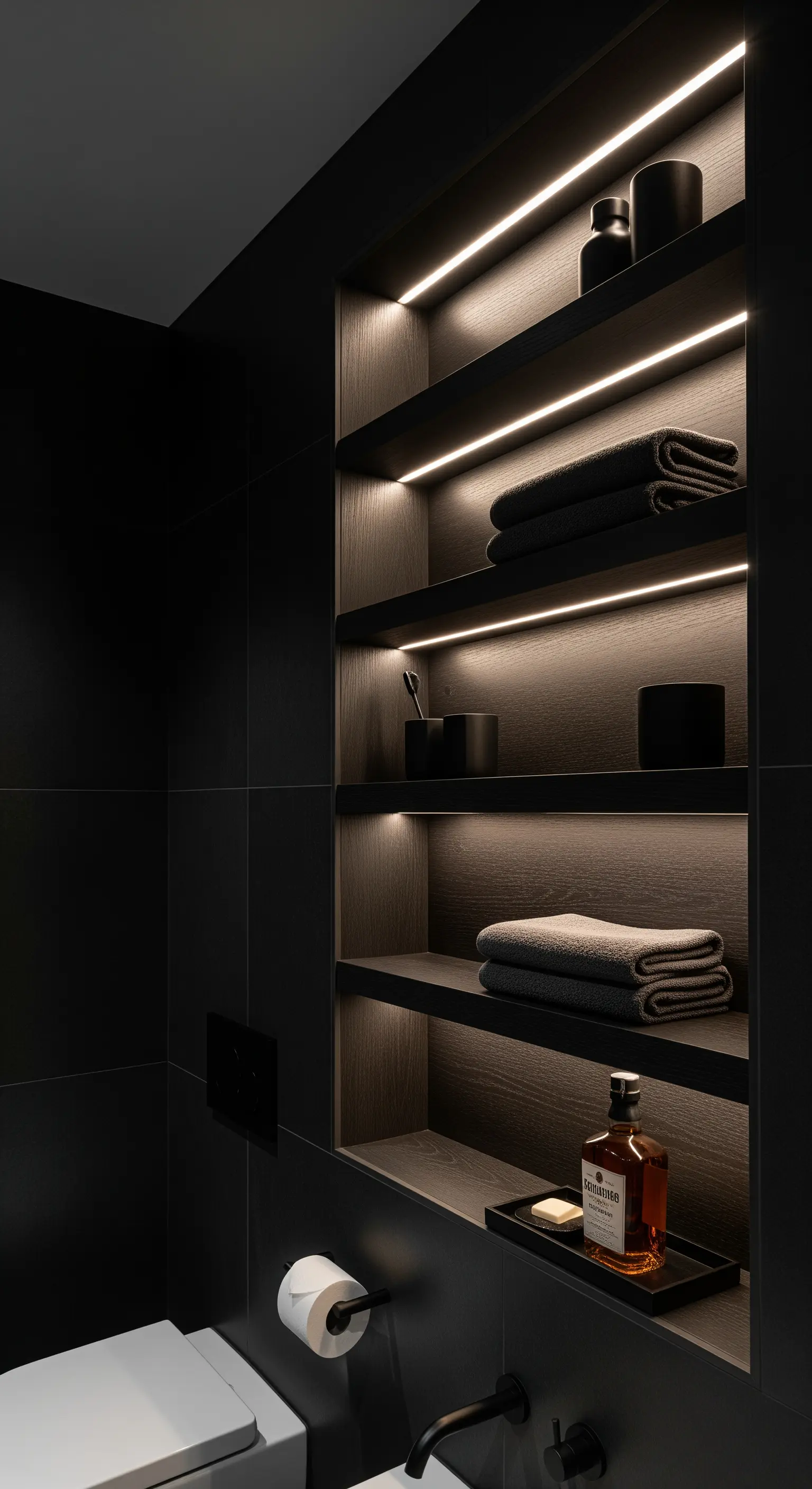 Nicchia nera con ripiani in legno scuro e illuminazione a LED, in un bagno total black.