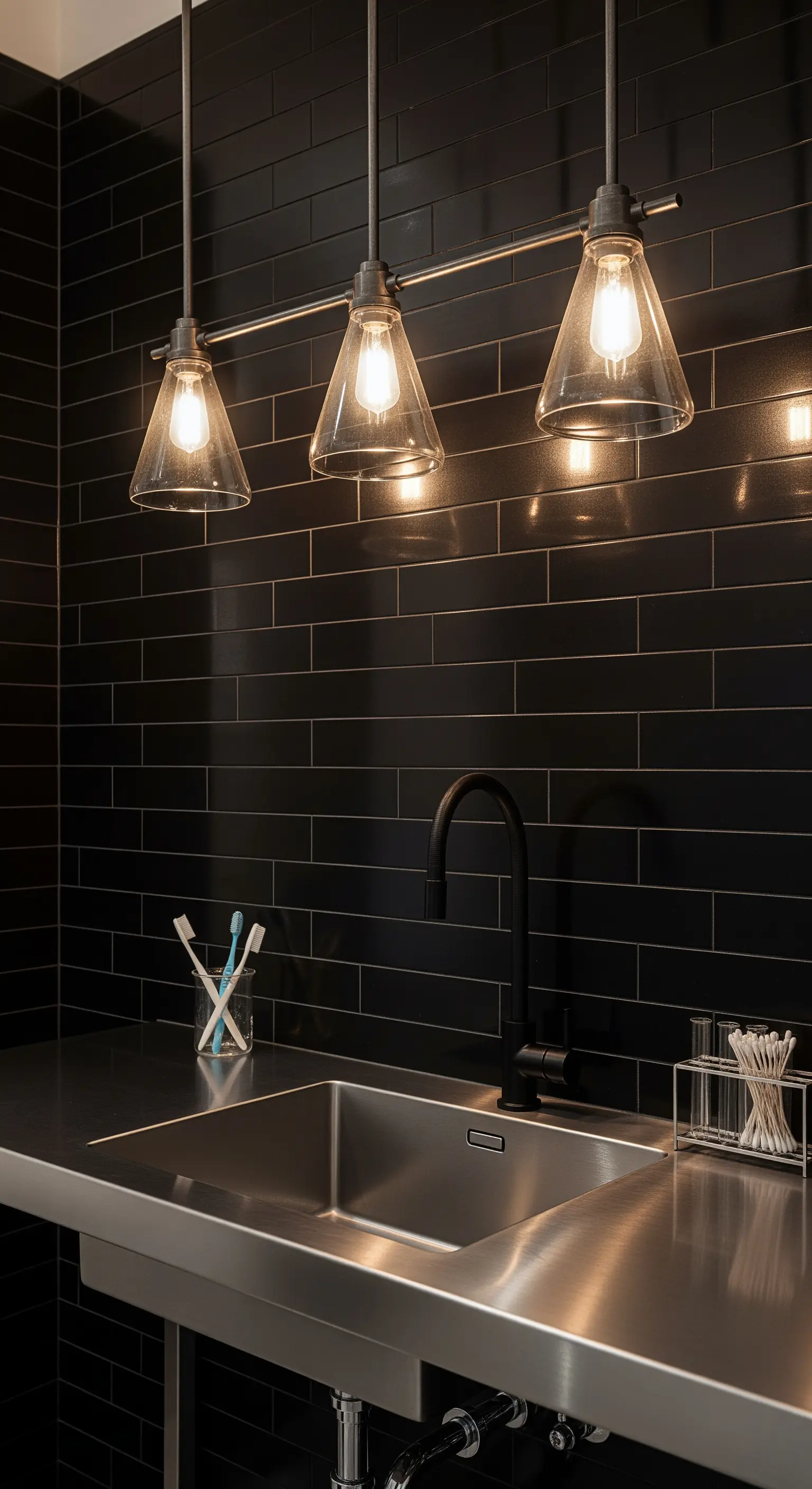 Lavabo in acciaio inox con rubinetto nero e piastrelle nere rettangolari come paraschizzi.