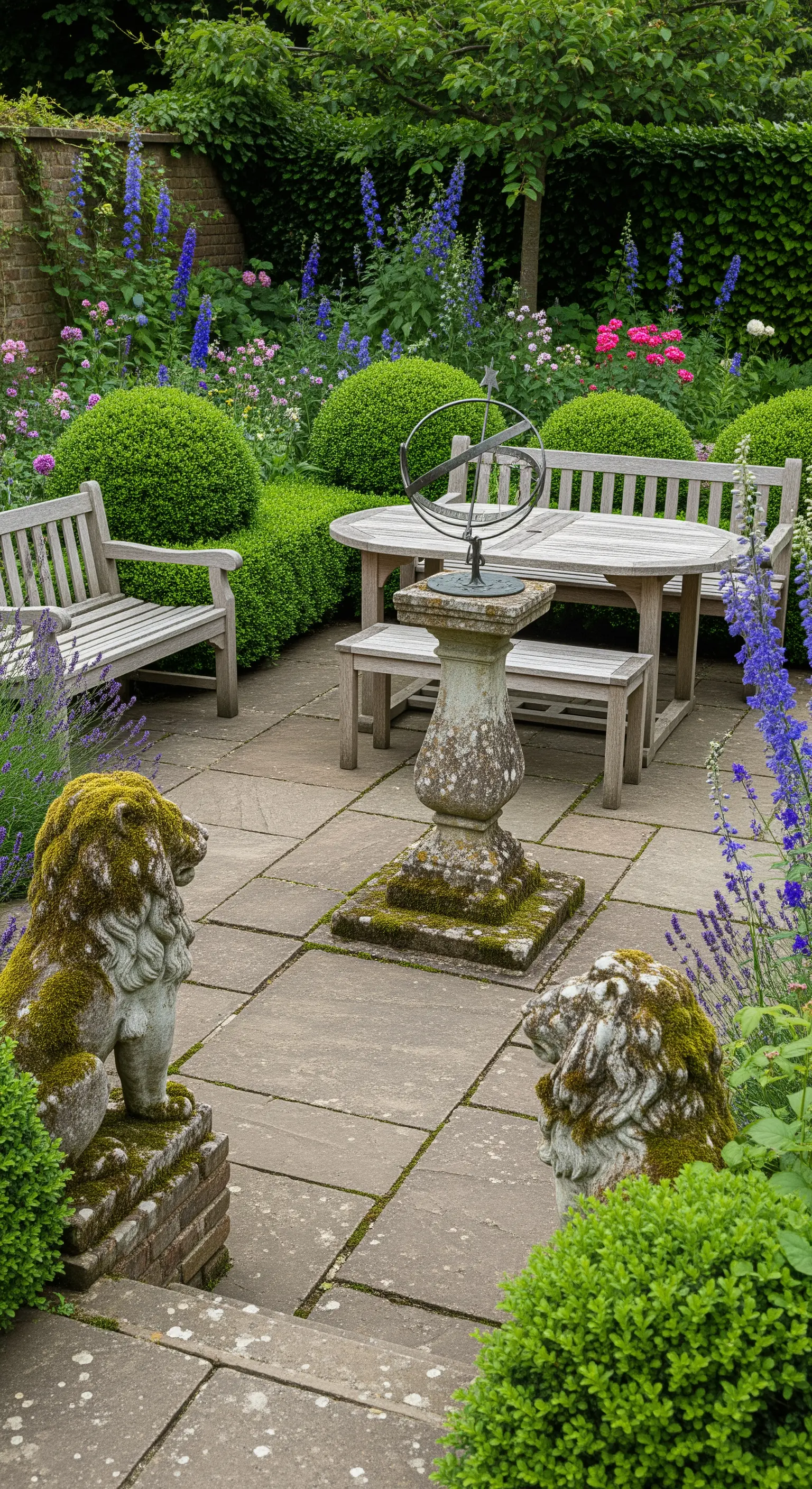 Patio in pietra con panche in legno, statue di leoni coperte di muschio e una meridiana.