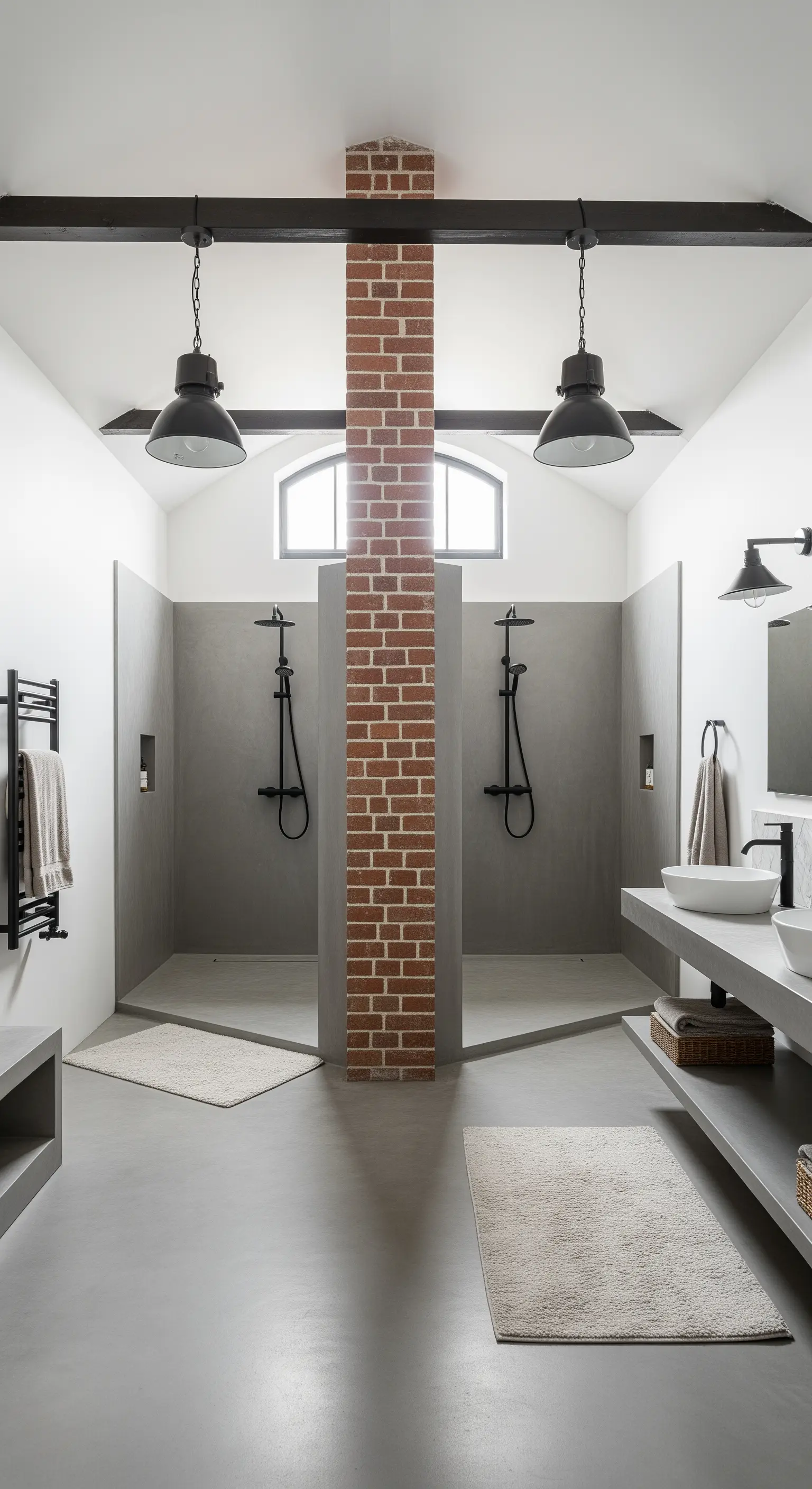 Ampio bagno con colonna centrale in mattoni che separa due docce simmetriche.