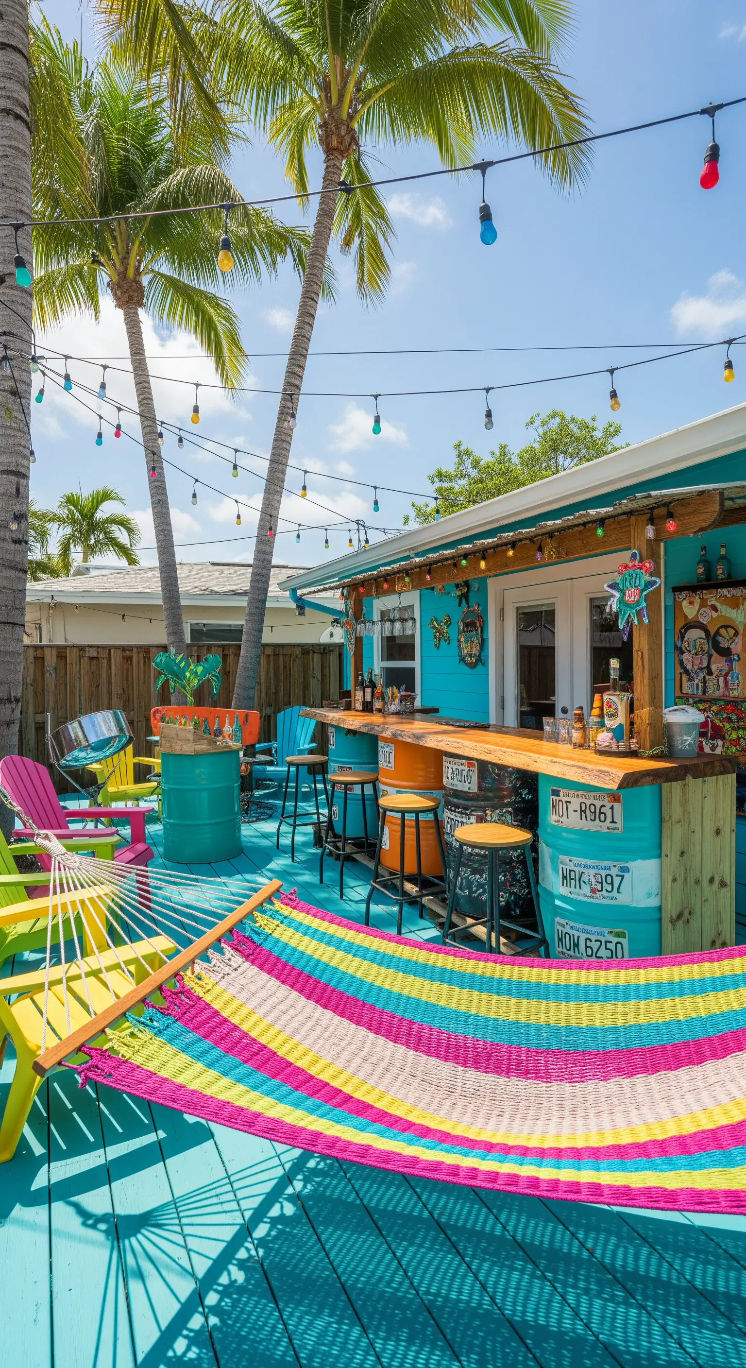 Patio coloratissimo con deck turchese, bar fatto con barili, sedie vivaci e amaca a righe.